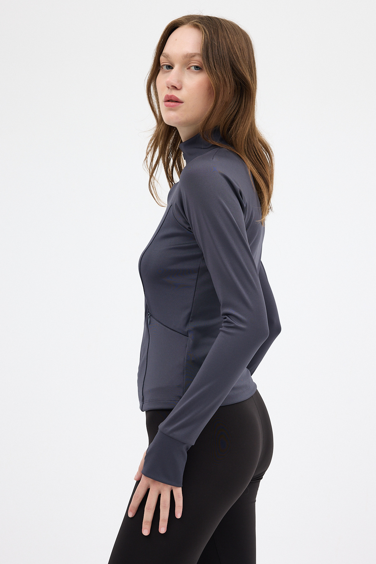 Füme Dik Yaka Fermuarlı Kadın Spor Hırka 3196 