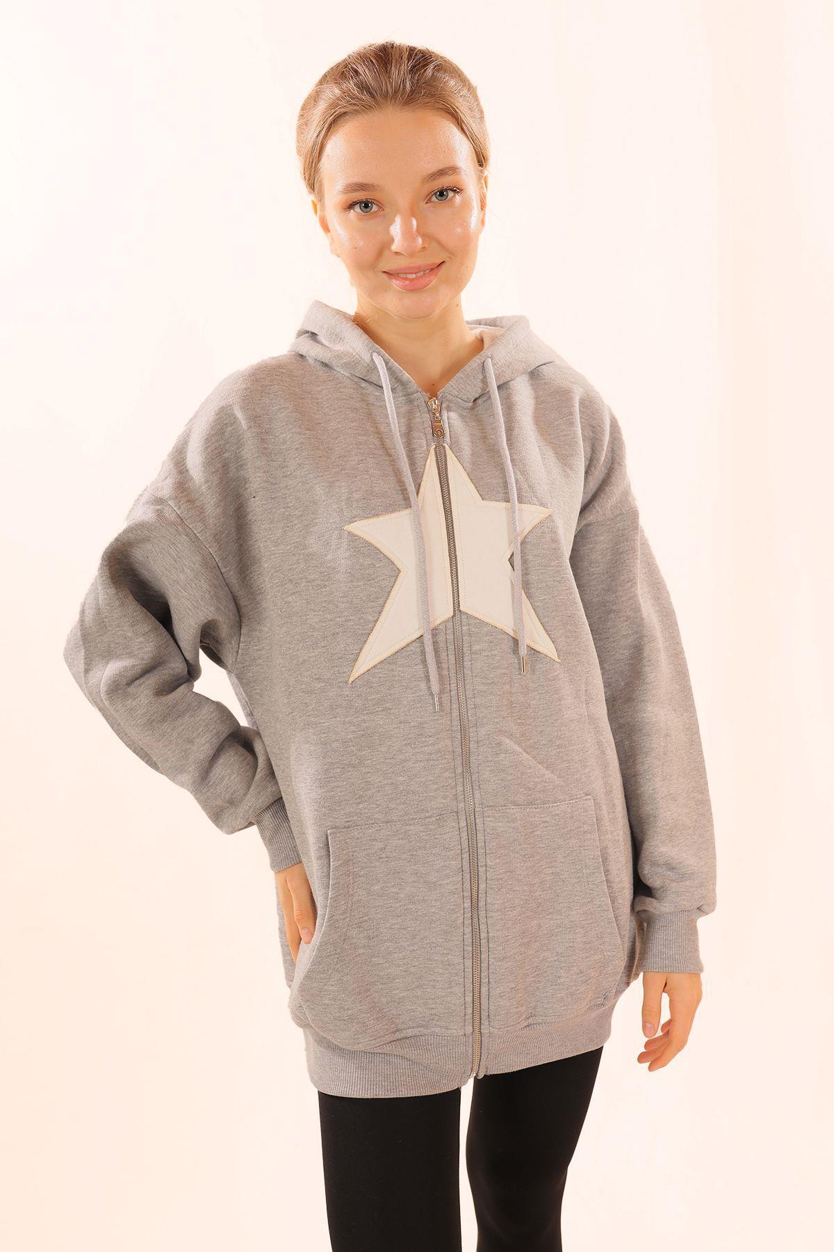 Gri Yıldız Nakış Fermuarlı Sweat 3221 - 2