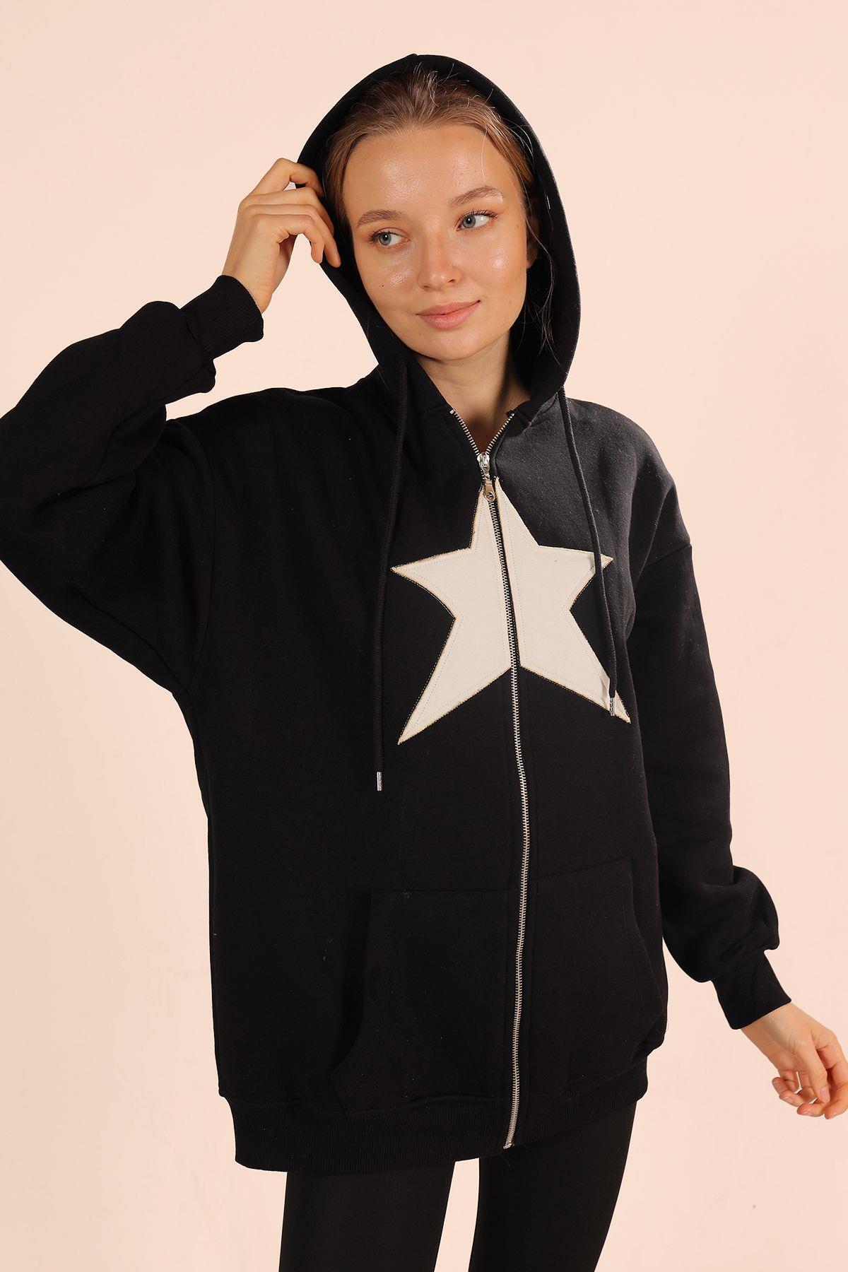 Siyah Yıldız Nakış Fermuarlı Sweat 3221 - 2