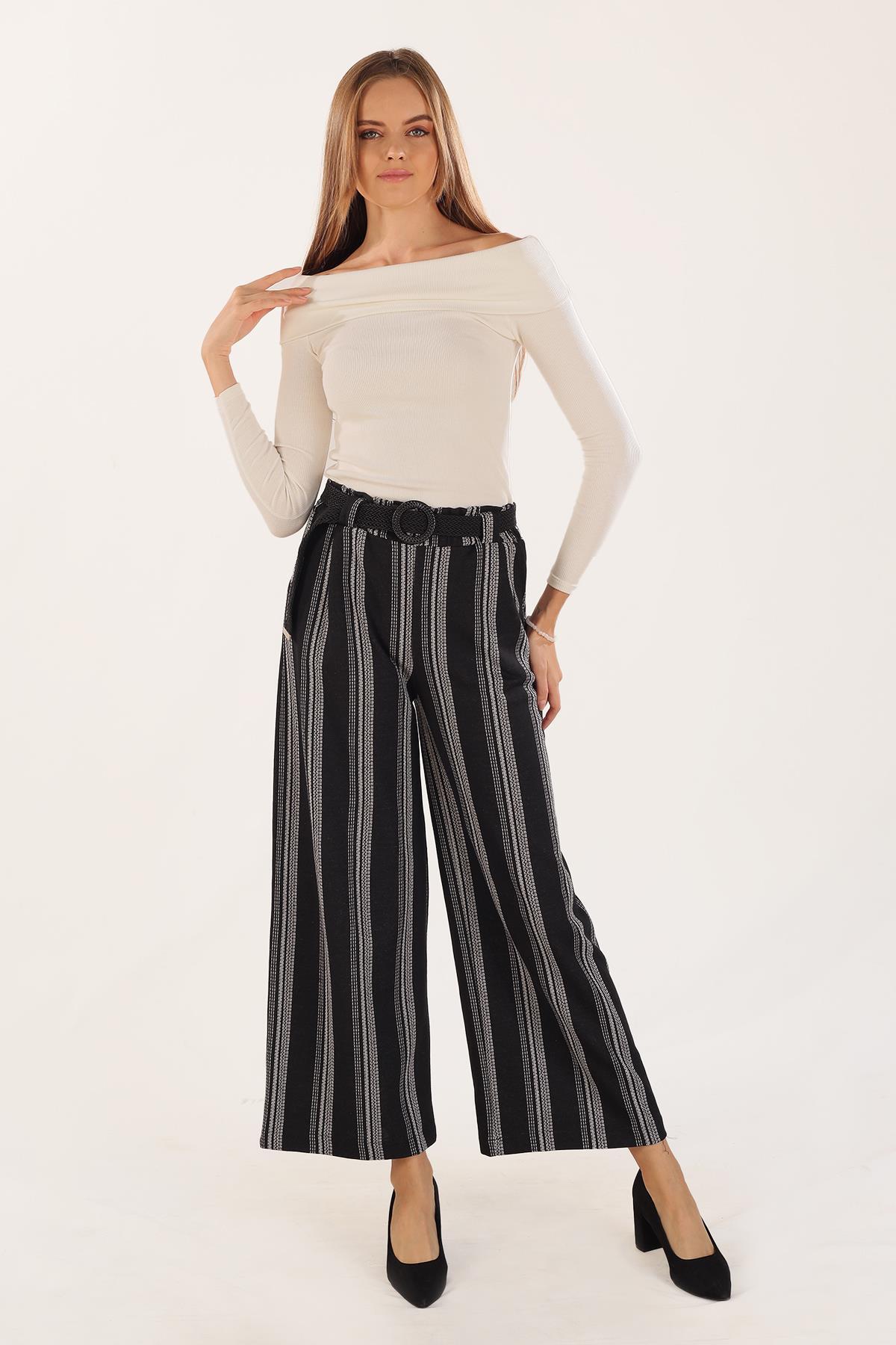 Siyah Bol Paça Çizgili Pantolon 3264 