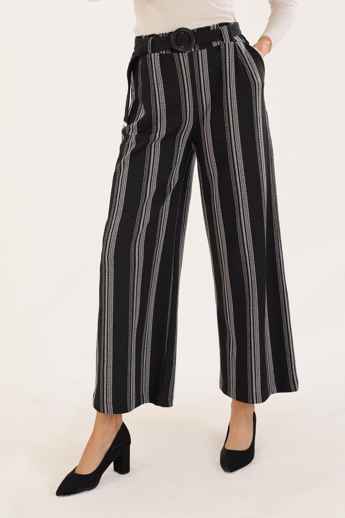 Siyah Bol Paça Çizgili Pantolon 3264 - 3