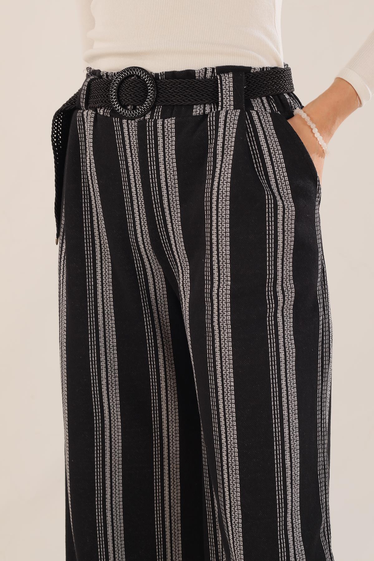 Siyah Bol Paça Çizgili Pantolon 3264 - 4