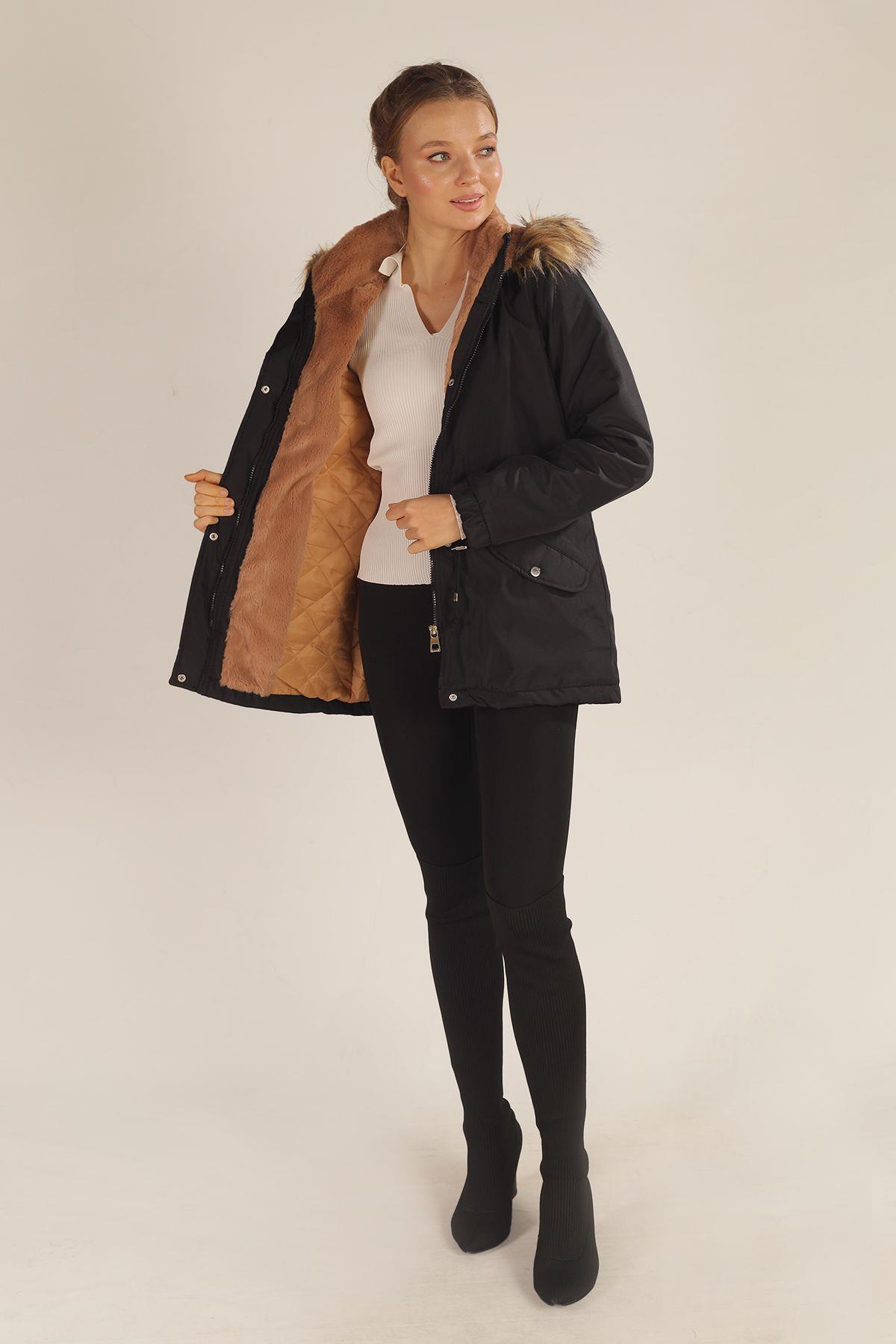 3319 Kısa Kapüşonu Kürklü Mont Siyah - 2
