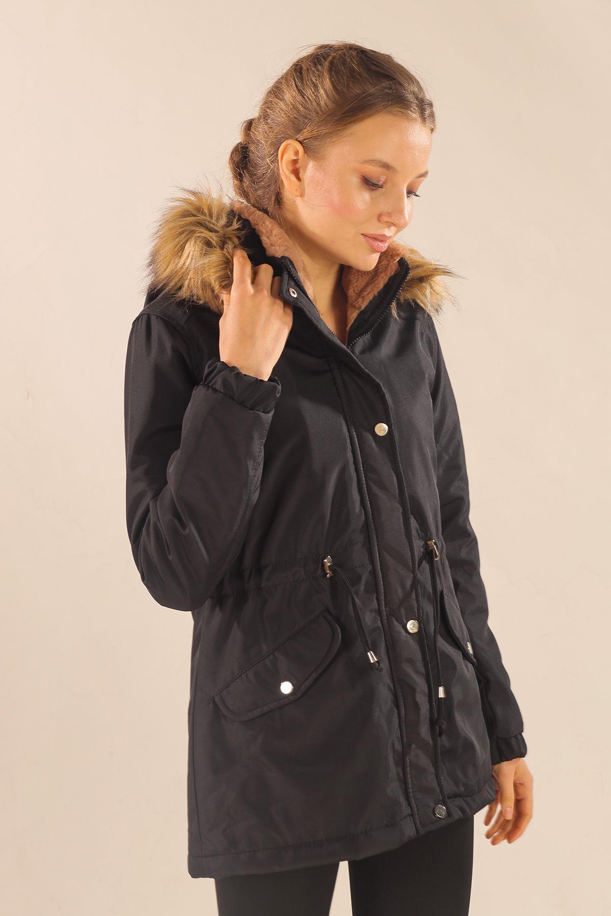 3319 Kısa Kapüşonu Kürklü Mont Siyah - 5