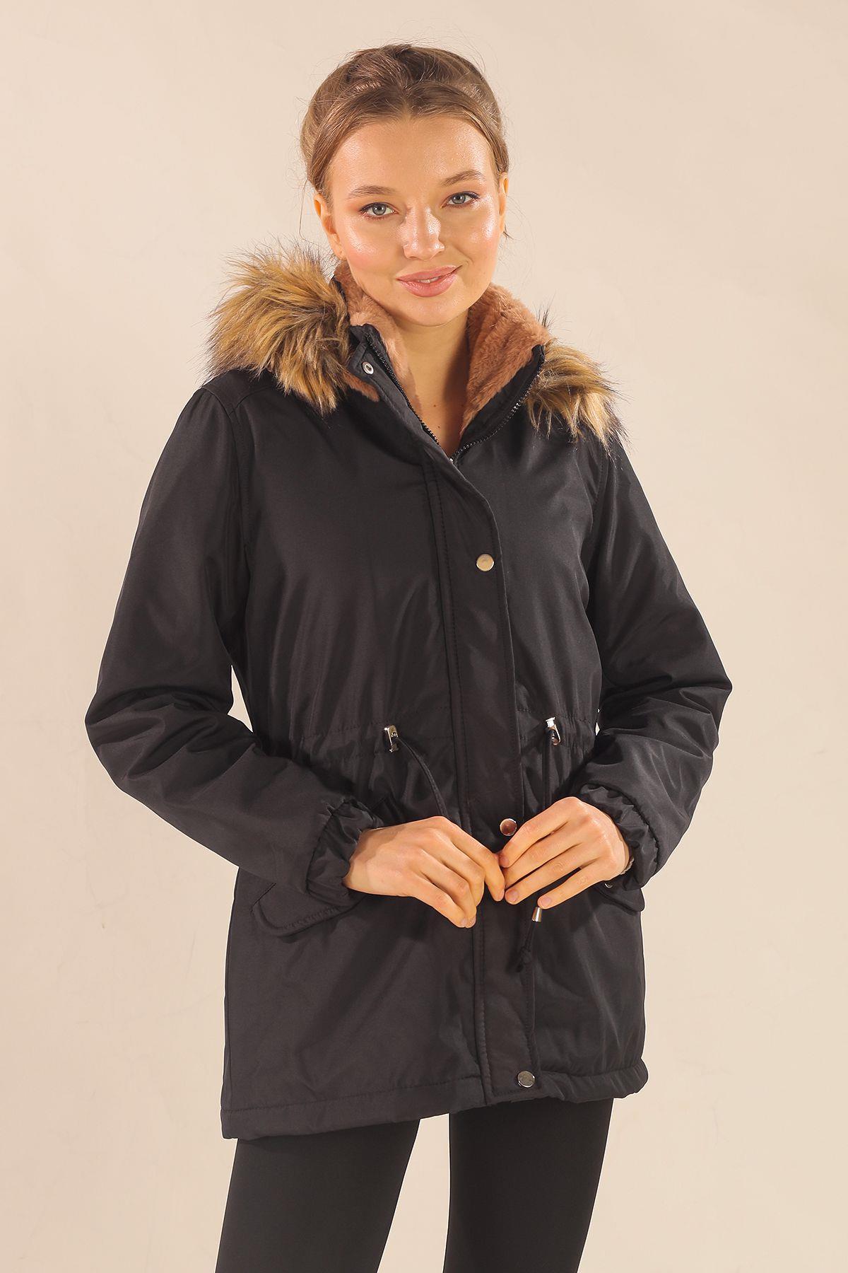 Siyah Kısa Kapüşonu Kürklü Mont 3319 - 4