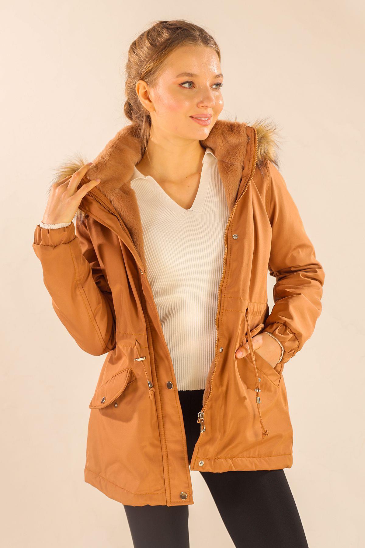 Taba Kısa Kapüşonu Kürklü Mont 3319 - 2