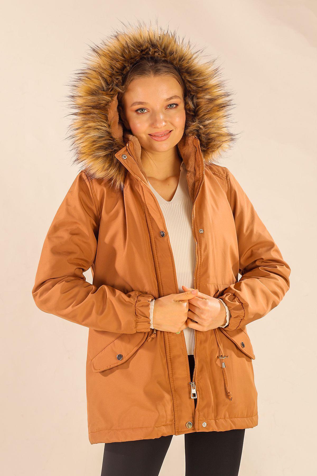 Taba Kısa Kapüşonu Kürklü Mont 3319 - 4