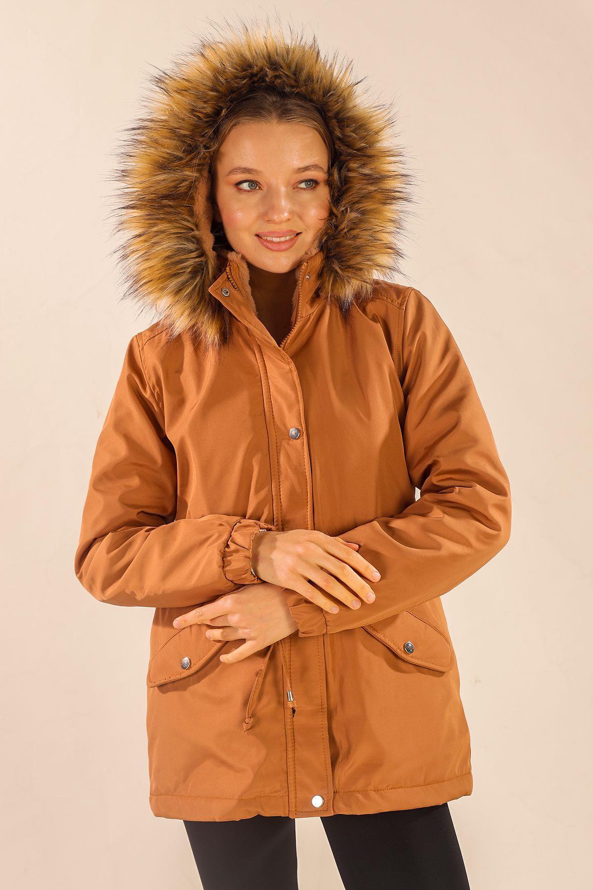 Taba Kısa Kapüşonu Kürklü Mont 3319 - 5