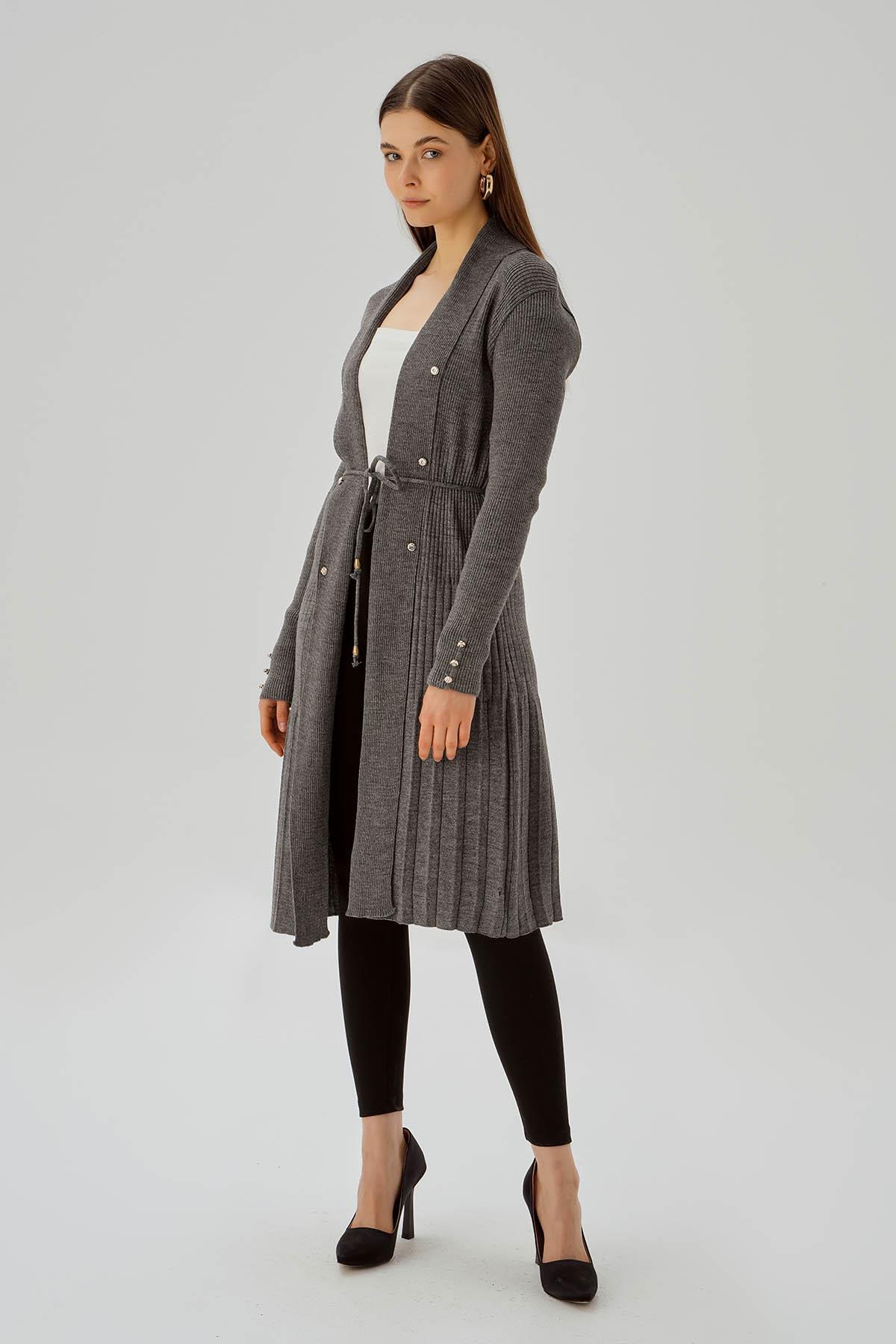 Gri Kemerli Zımba Detay Hırka 3380 - 2