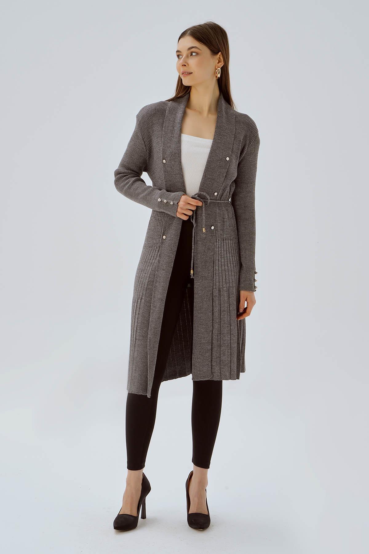 Gri Kemerli Zımba Detay Hırka 3380 - 3