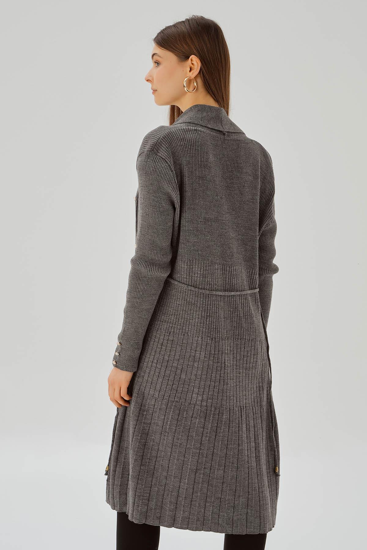 Gri Kemerli Zımba Detay Hırka 3380 - 5