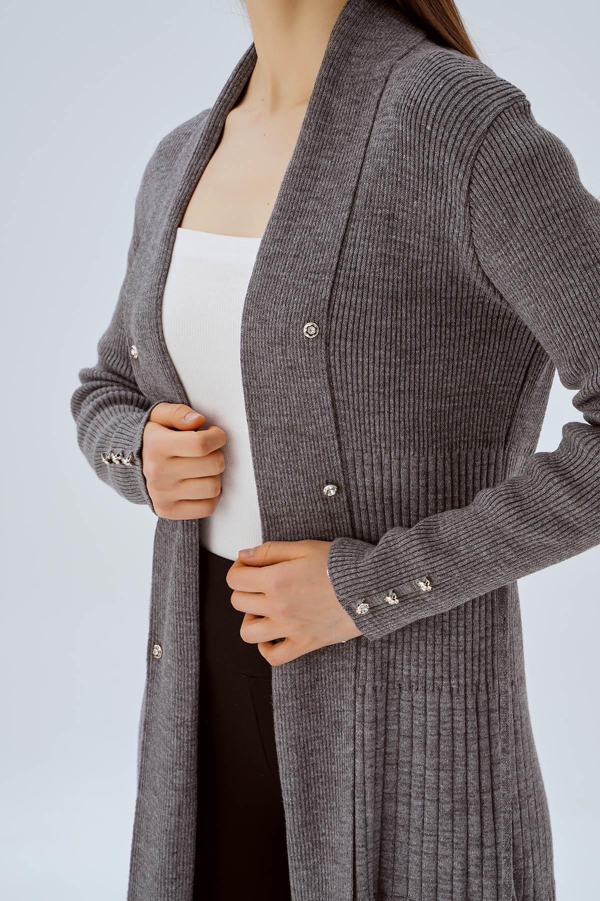 Gri Kemerli Zımba Detay Hırka 3380 - 6