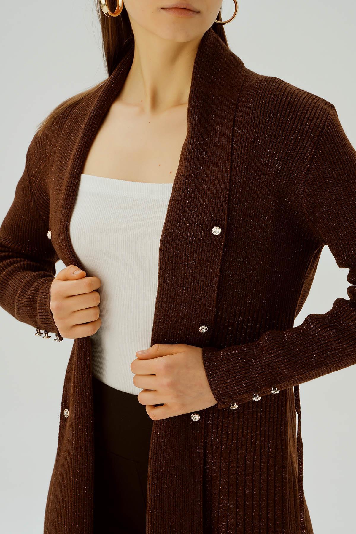 3380 Kemerli Zımba Detay Hırka Kahve - 6