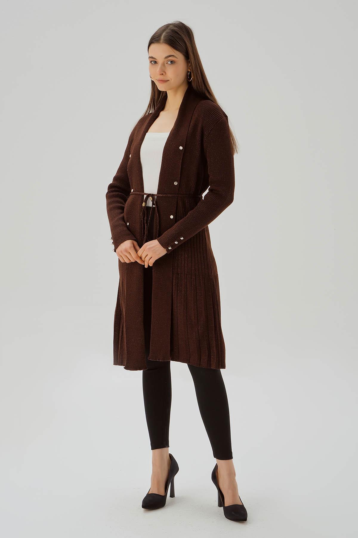 3380 Kemerli Zımba Detay Hırka Kahve 