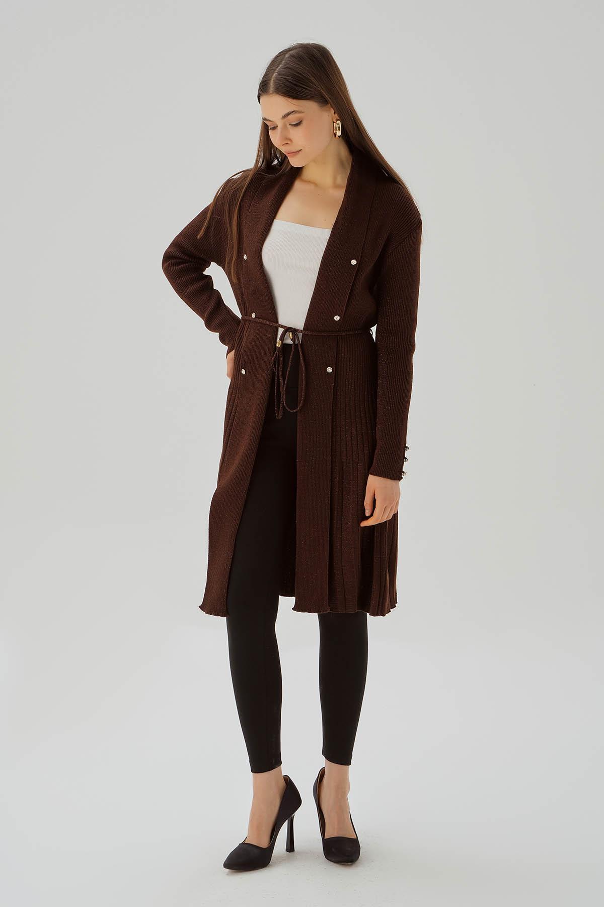 Kahve Kemerli Zımba Detay Hırka 3380 - 2