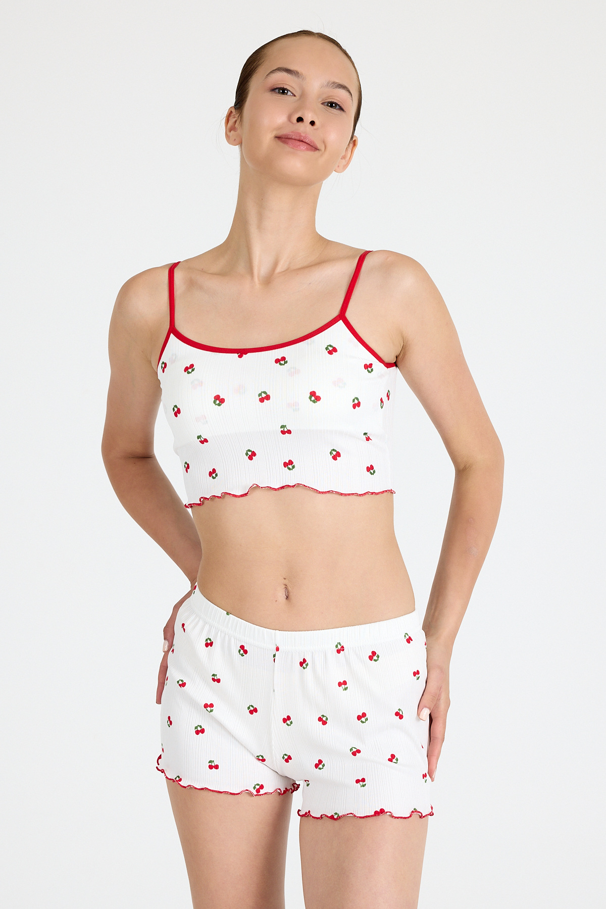 Beyaz Kiraz Desenli Atlet Şort Takım 3403 - 1