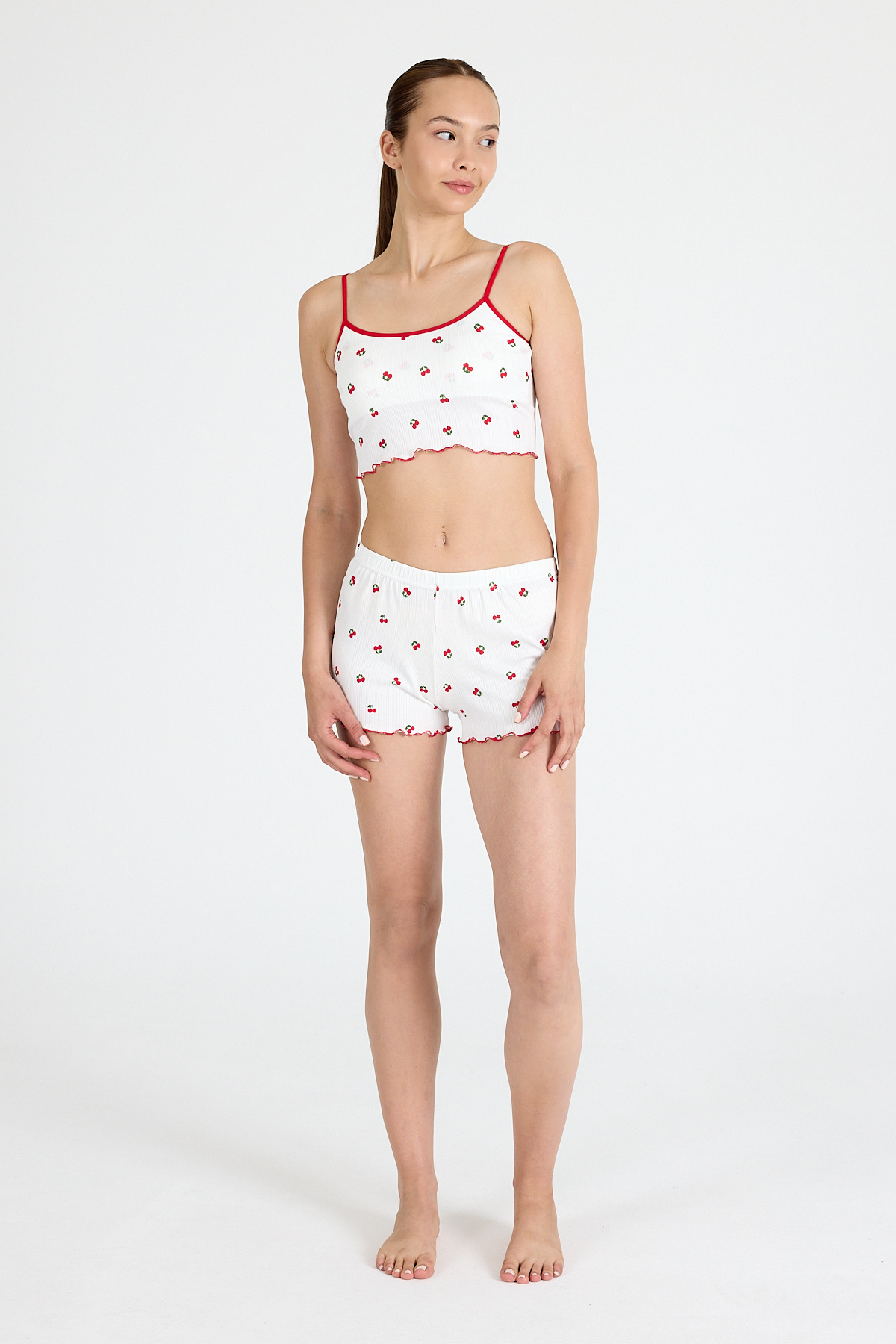 Beyaz Kiraz Desenli Atlet Şort Takım 3403 - 2