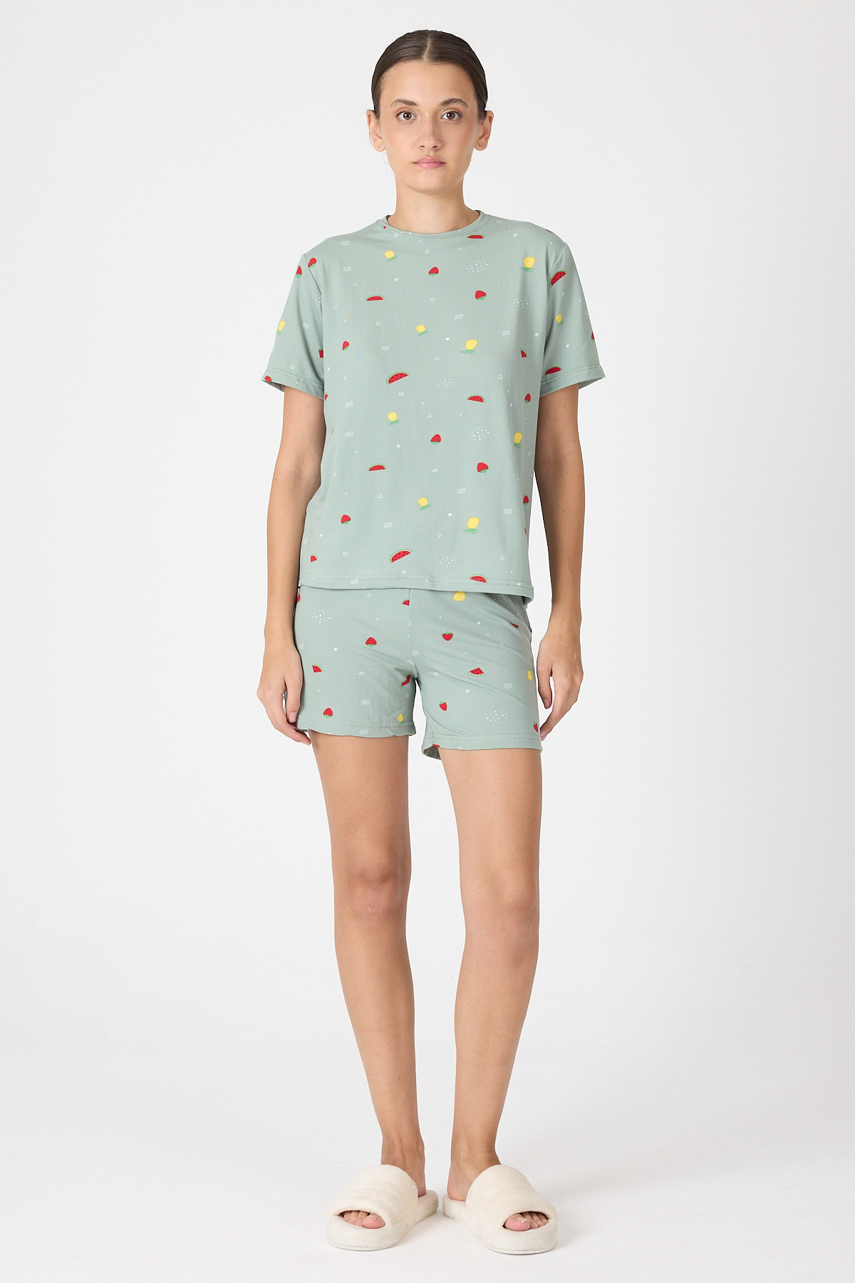 Çağla Yeşili Meyve Desenli Kısa Kollu Pijama Takımı 3407 - RAYS (1)
