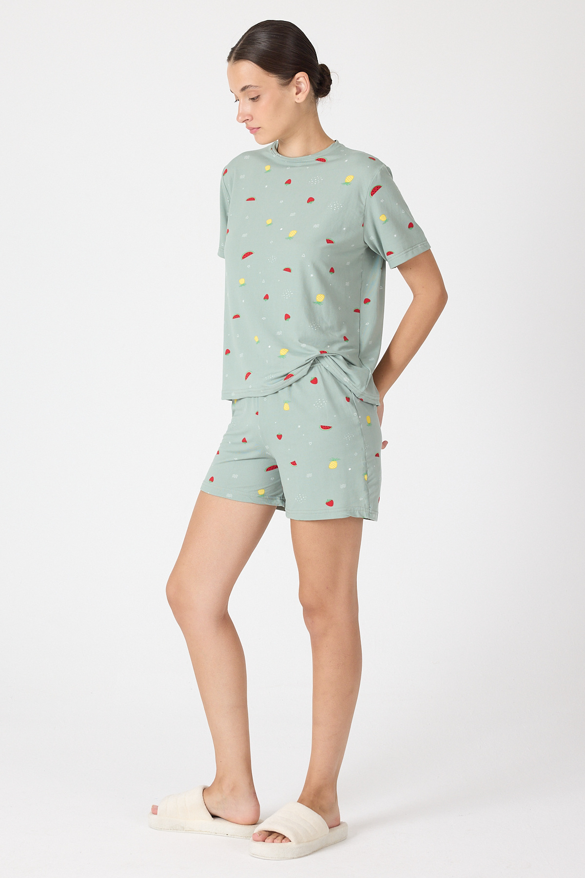Çağla Yeşili Meyve Desenli Kısa Kollu Pijama Takımı 3407 - RAYS