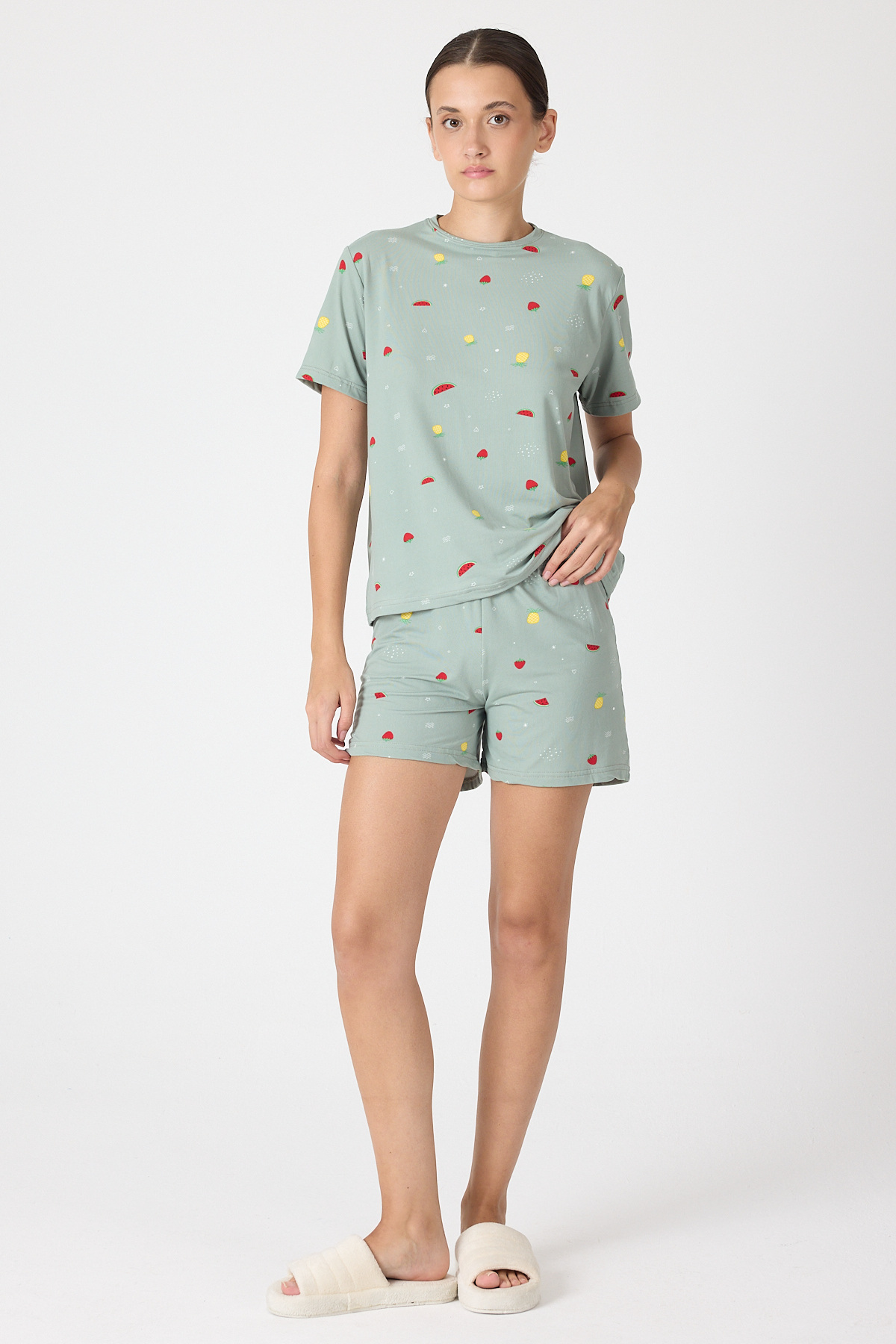 Çağla Yeşili Meyve Desenli Kısa Kollu Pijama Takımı 3407 - 1