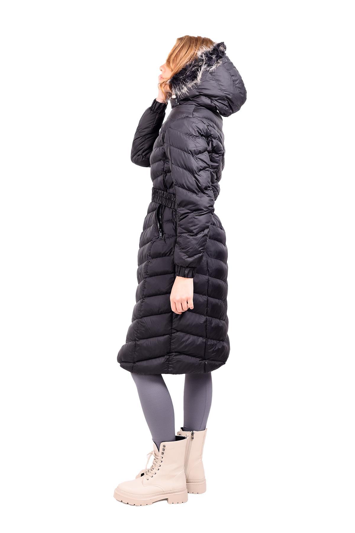 3409 Kapüşonlu Uzun Şişme Mont Siyah - RAYS