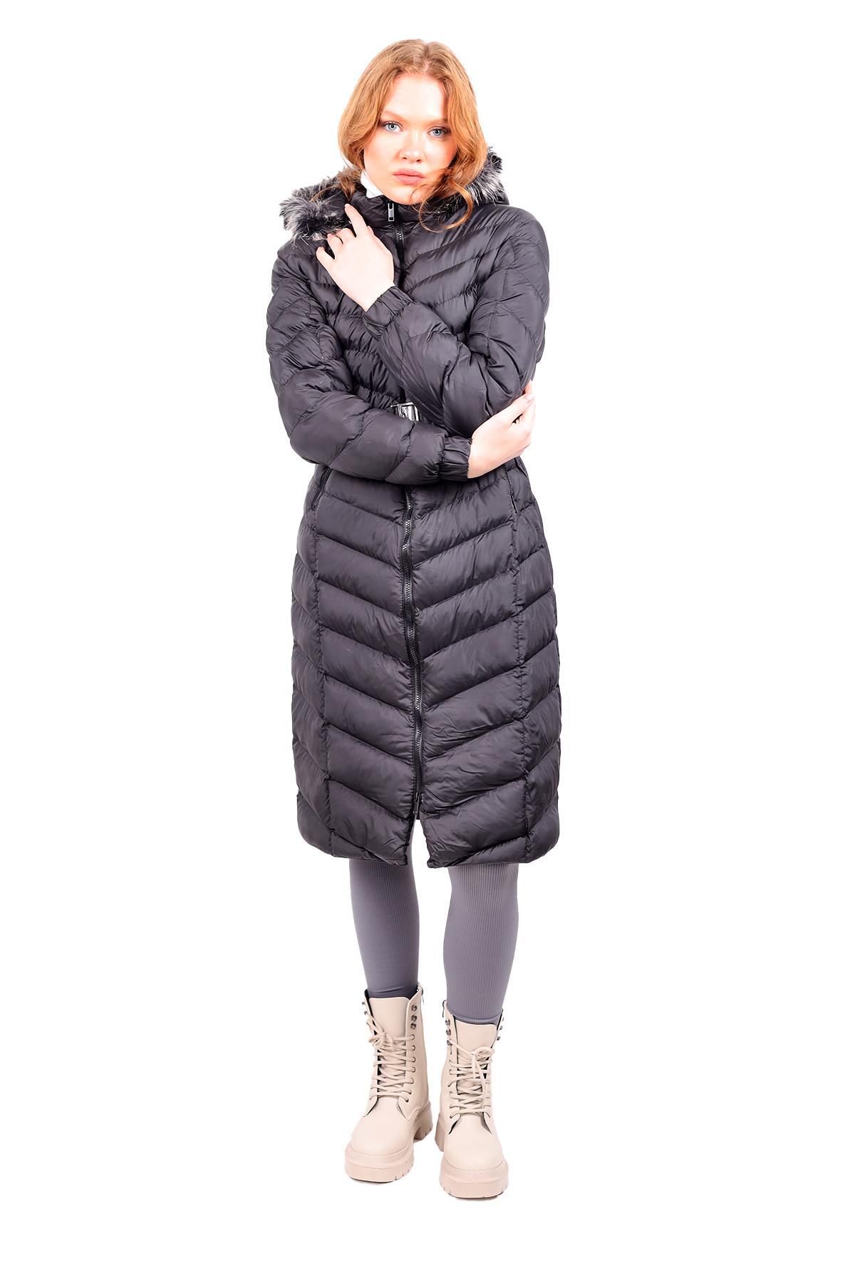 3409 Kapüşonlu Uzun Şişme Mont Siyah - RAYS