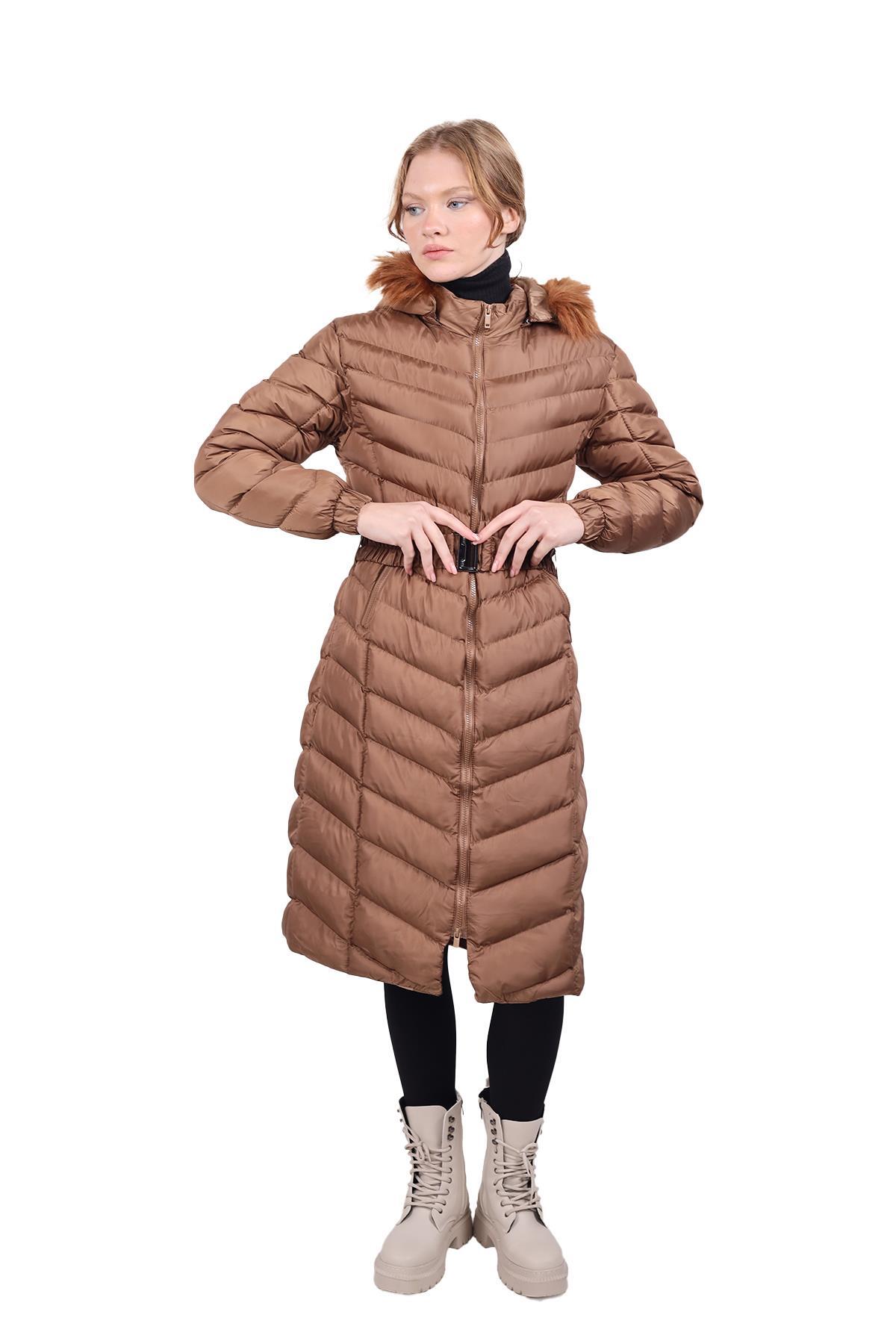 3409 Kapüşonlu Uzun Şişme Mont Taba - RAYS