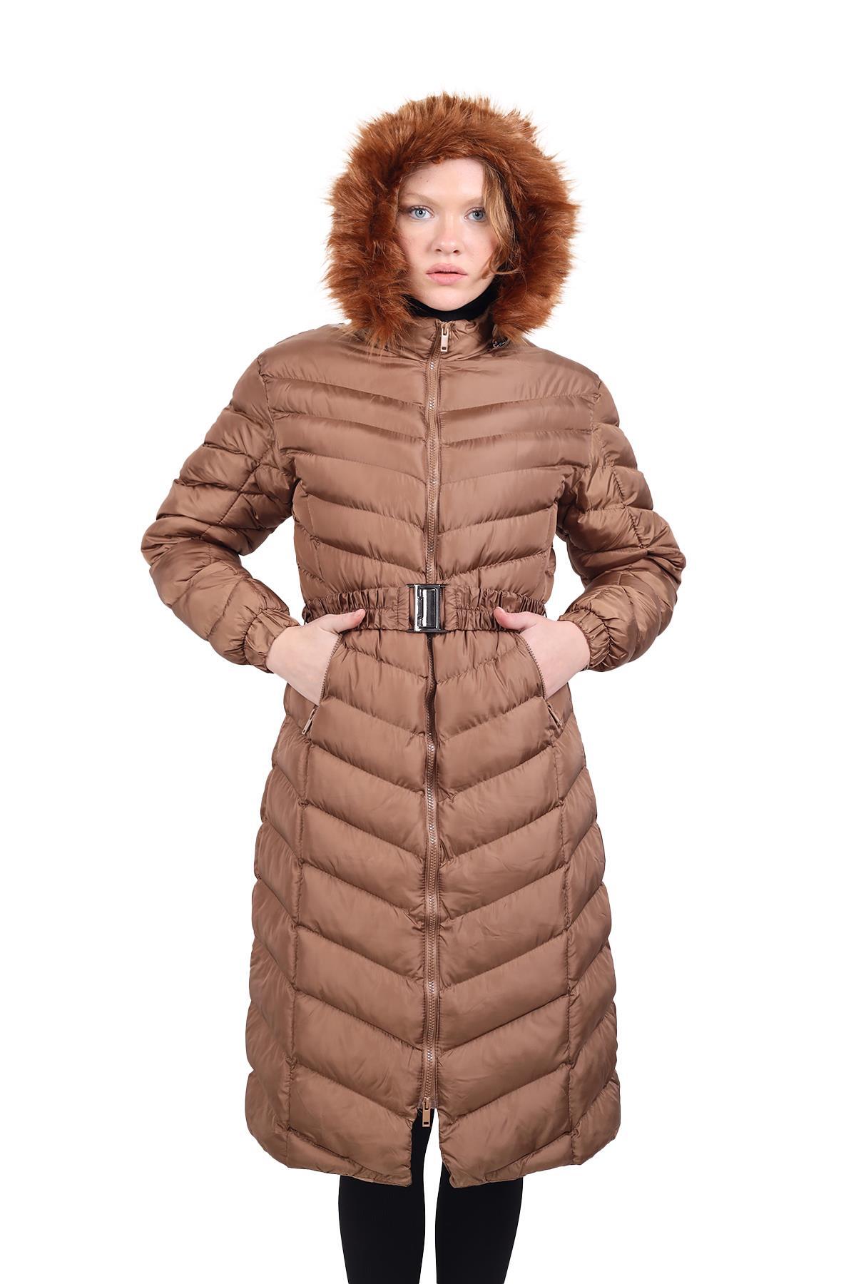 3409 Kapüşonlu Uzun Şişme Mont Taba - RAYS