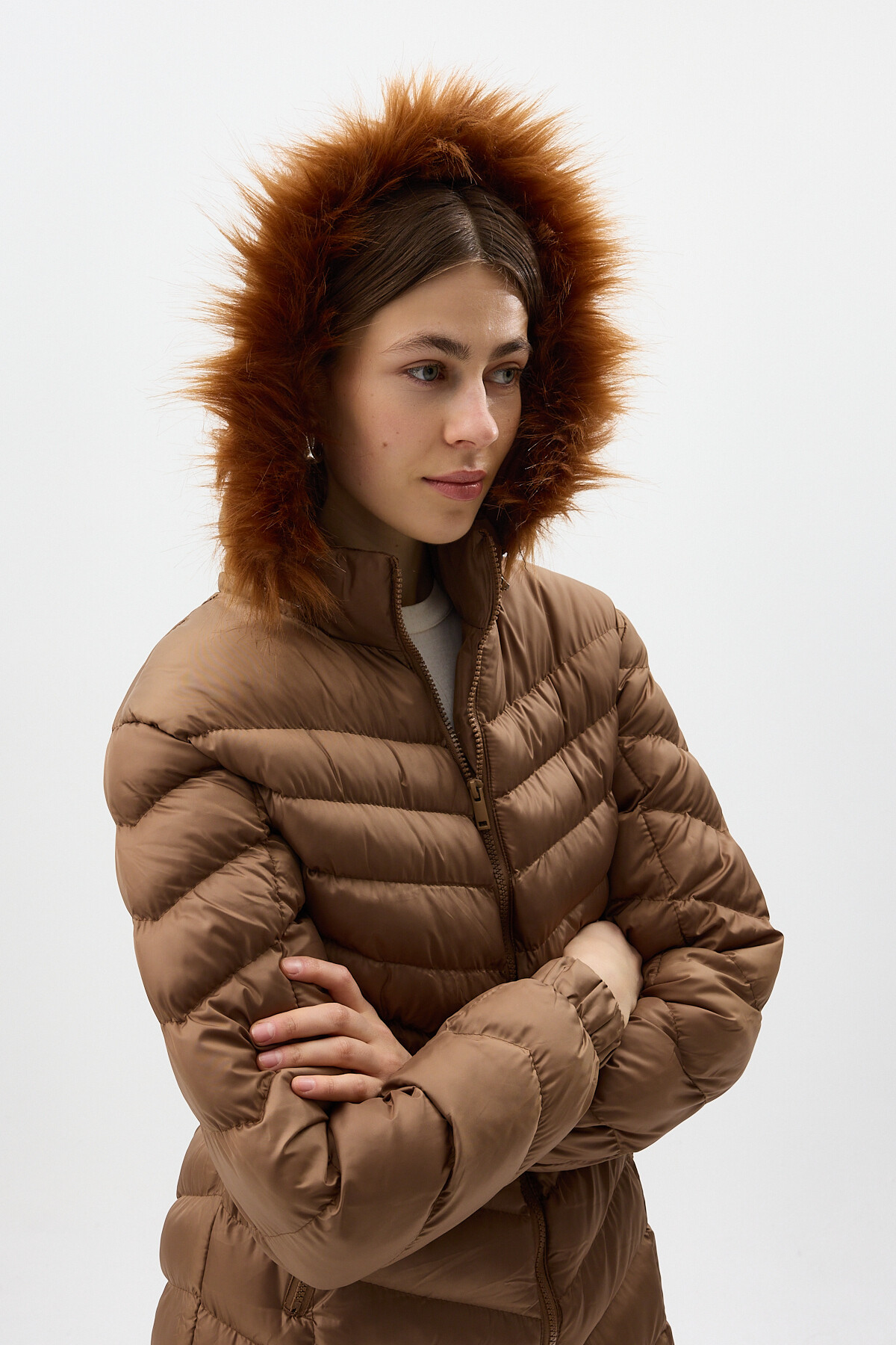 Taba Kürklü Kapüşonlu Uzun Şişme Kadın Mont 3410 - 4