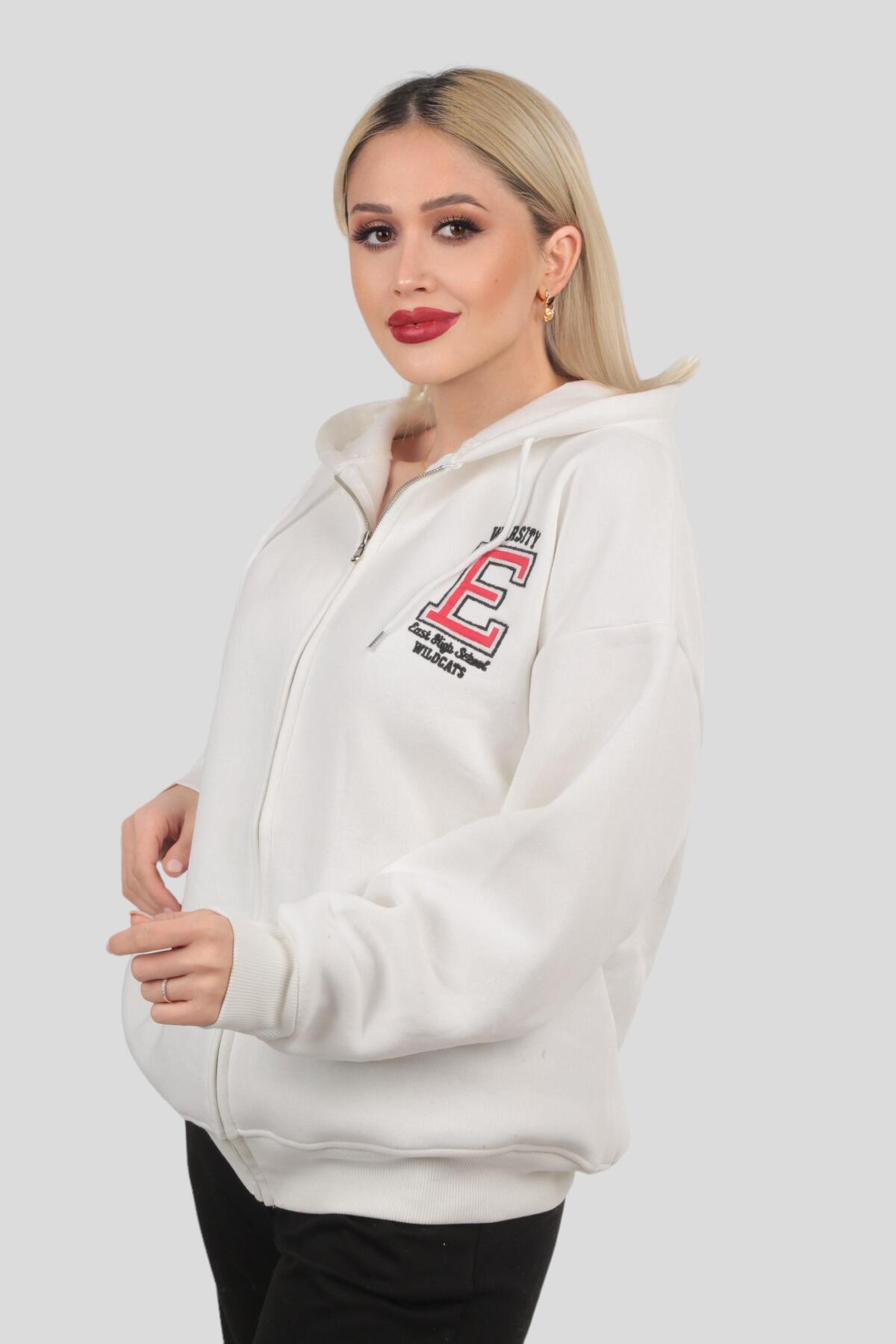 3410 Kapüşonlu Fermuarlı Sweat Ekru - 2