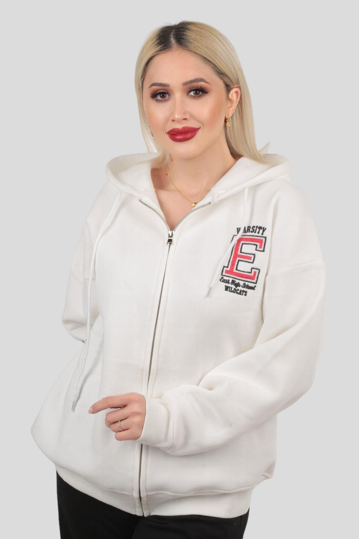 3410 Kapüşonlu Fermuarlı Sweat Ekru - 4