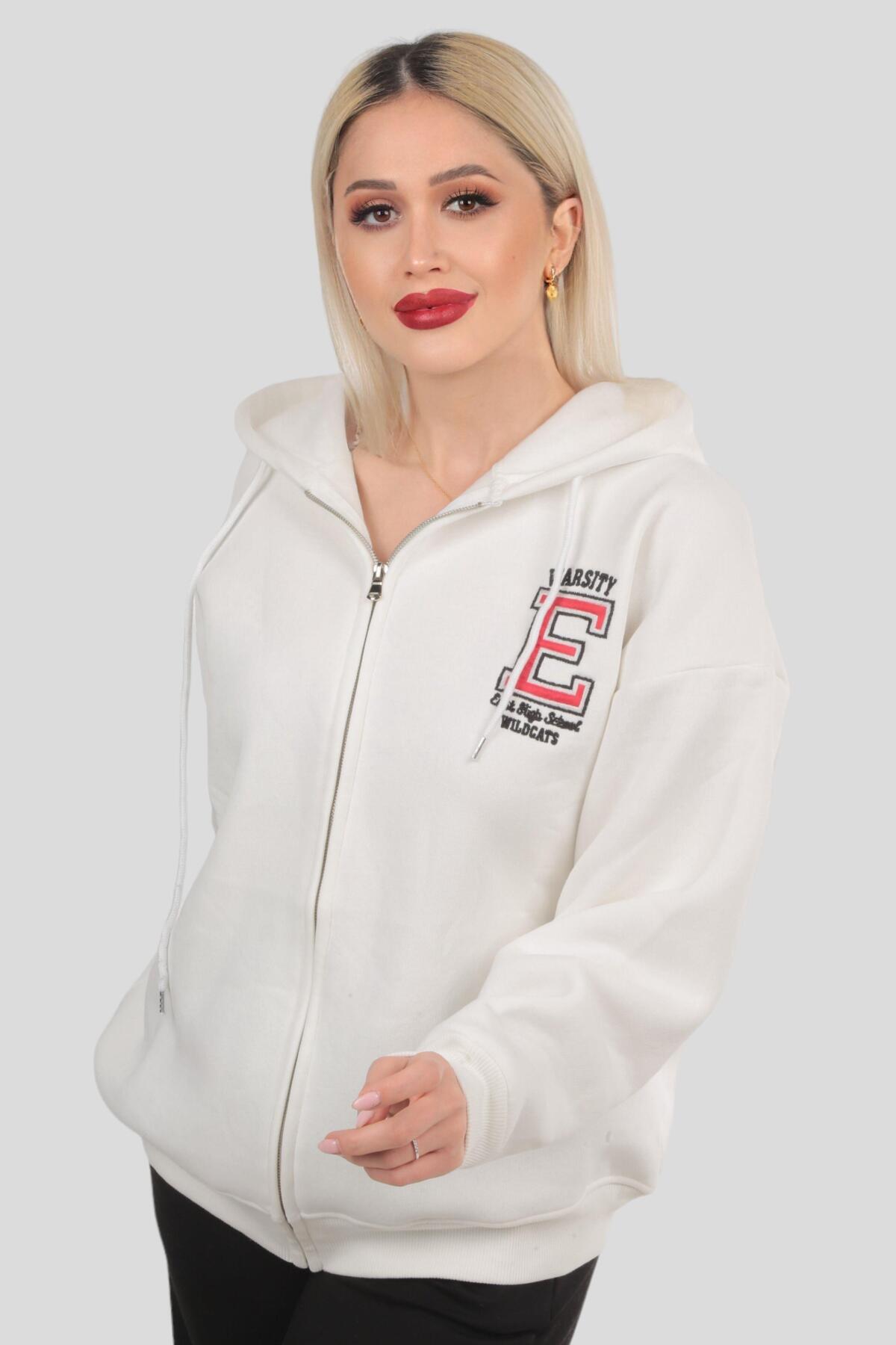 3410 Kapüşonlu Fermuarlı Sweat Ekru - 1