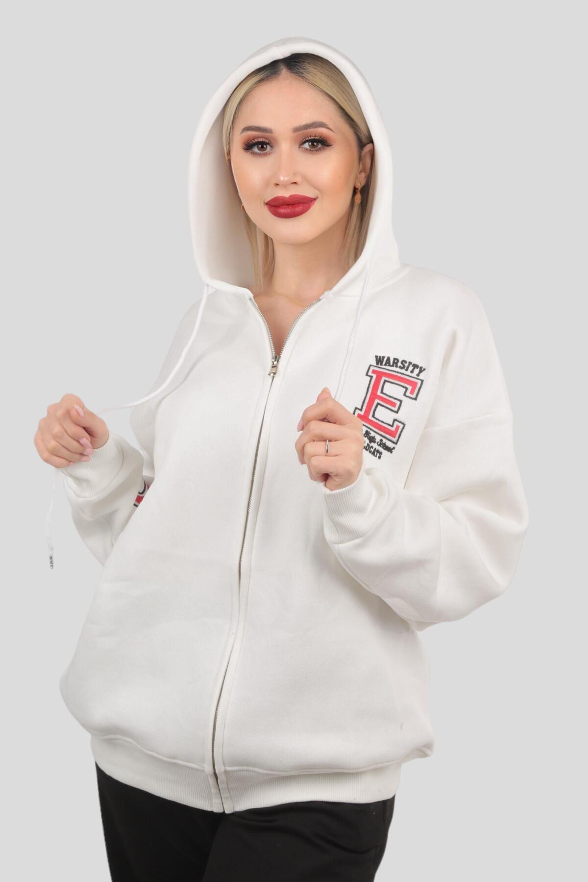 3410 Kapüşonlu Fermuarlı Sweat Ekru - 3