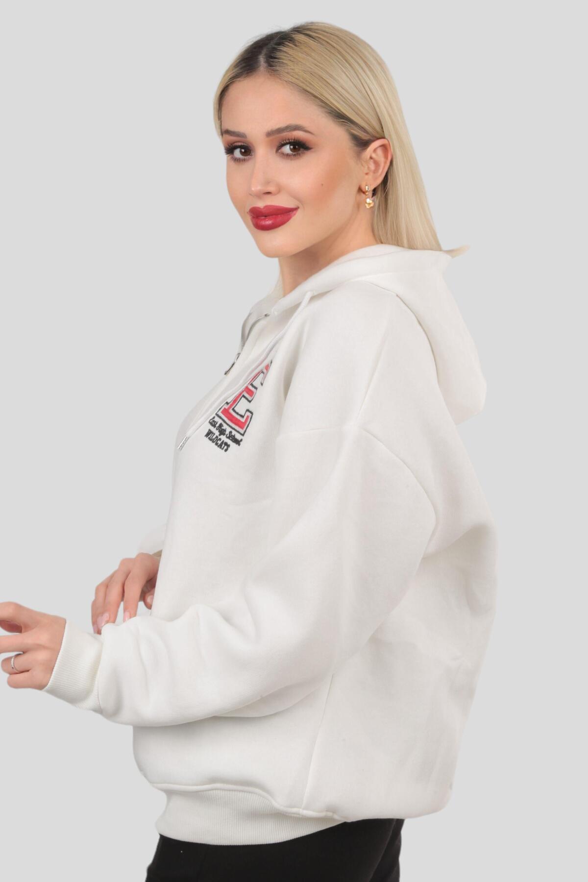 3410 Kapüşonlu Fermuarlı Sweat Ekru - 5