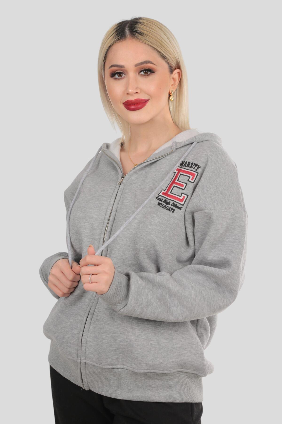 3410 Kapüşonlu Fermuarlı Sweat Gri - 2