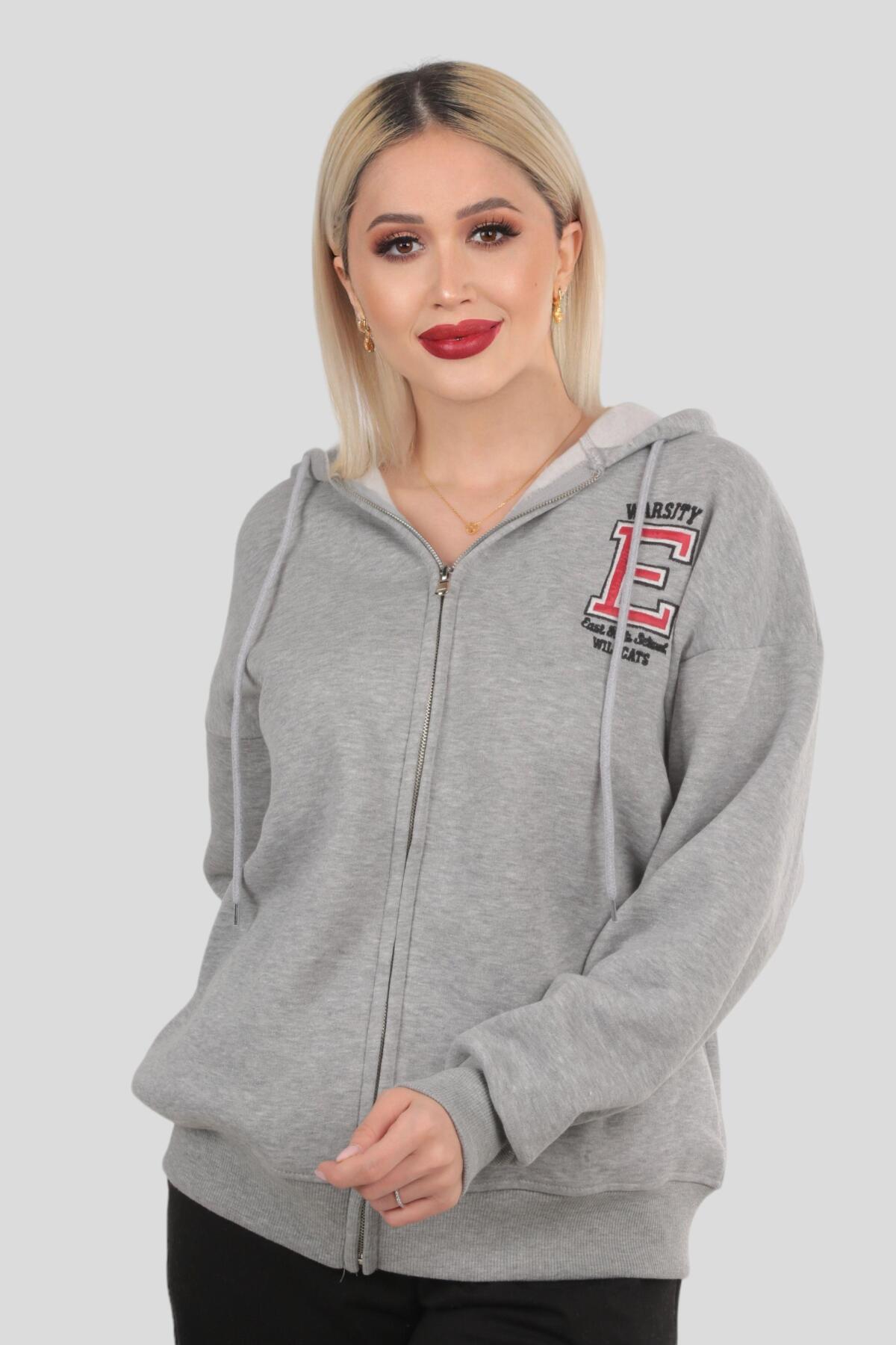 Gri Kapüşonlu Fermuarlı Sweat 3410 
