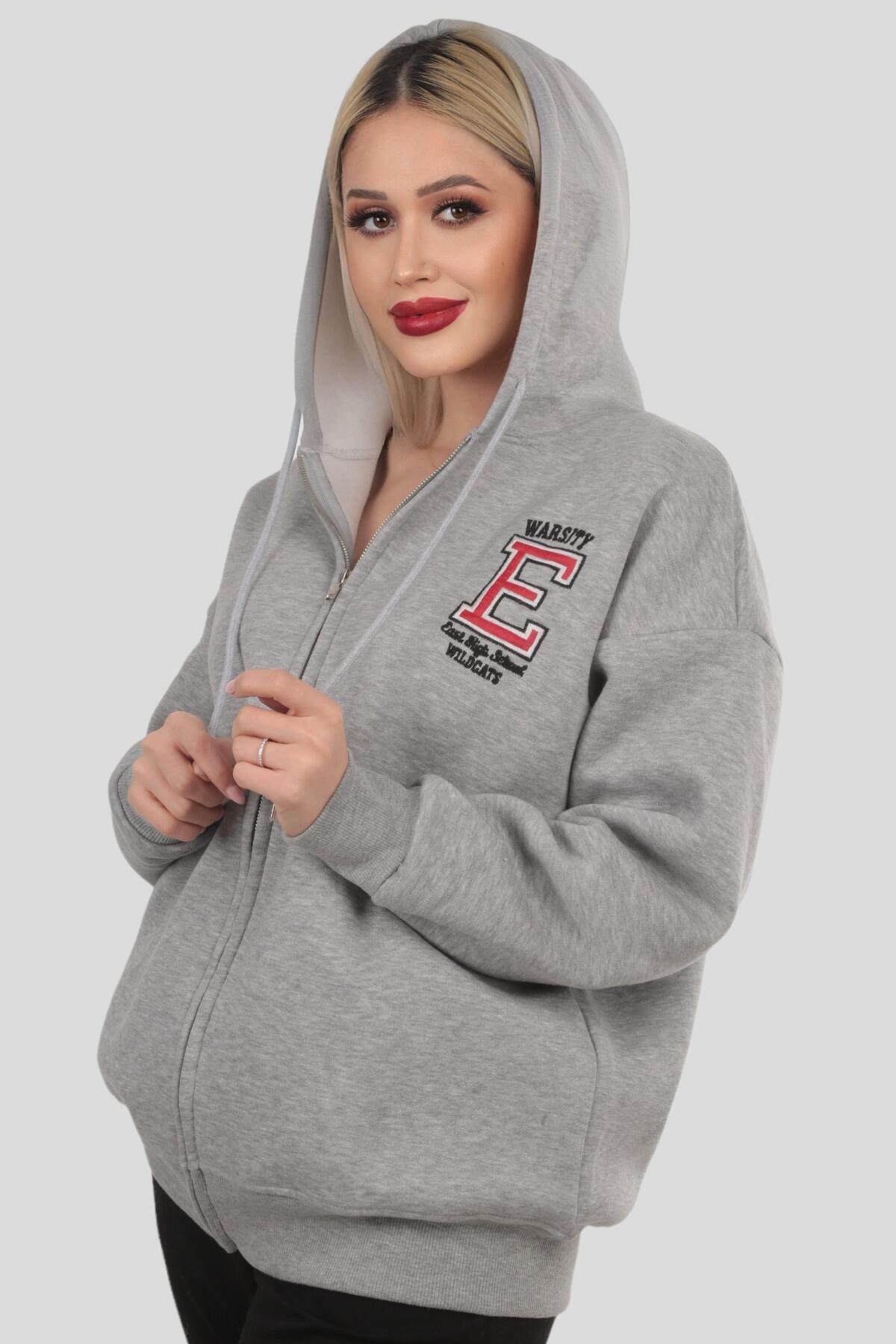 Gri Kapüşonlu Fermuarlı Sweat 3410 - 6