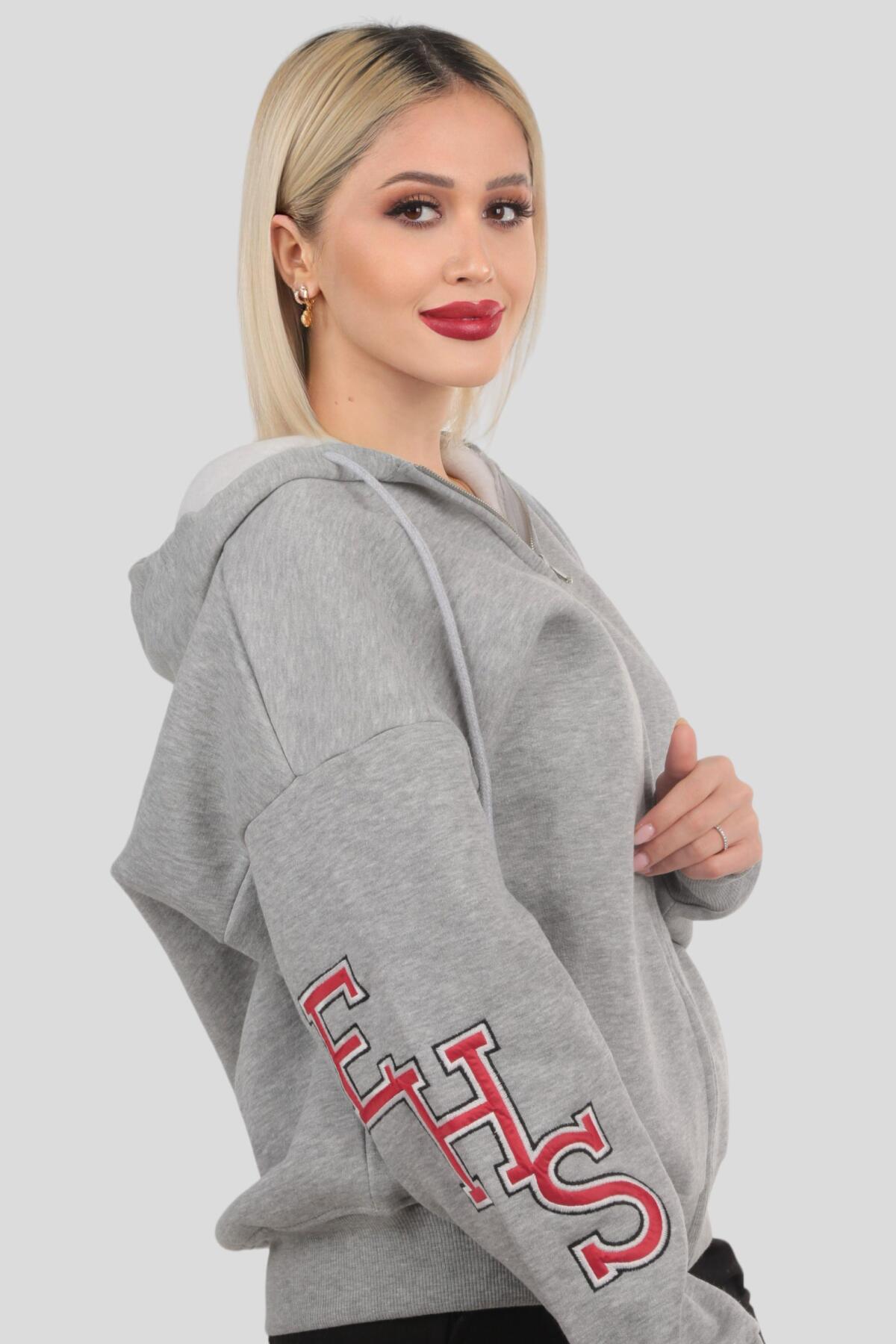 Gri Kapüşonlu Fermuarlı Sweat 3410 - 5