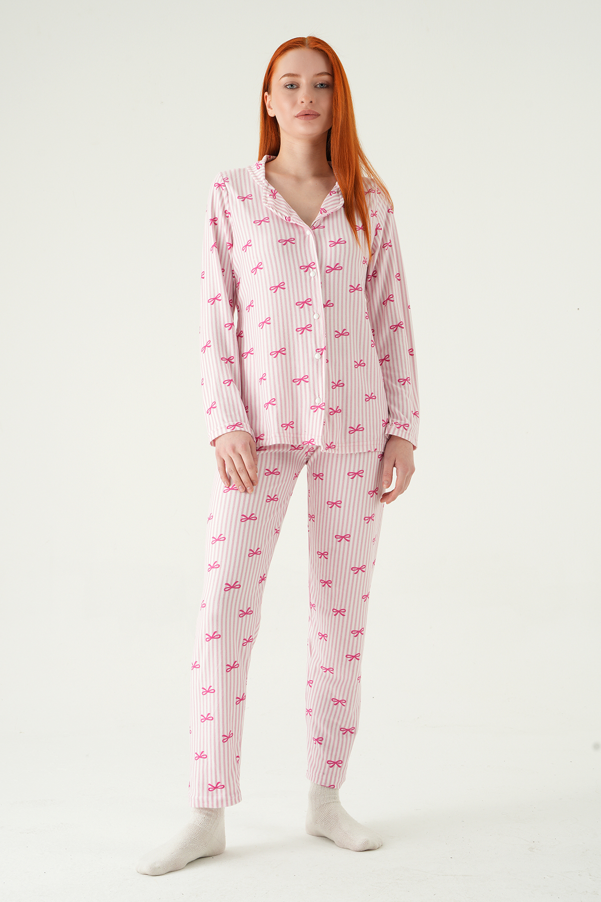 3412 Fiyonk Desen Düğmeli Pijama Takımı Pembe - RAYS