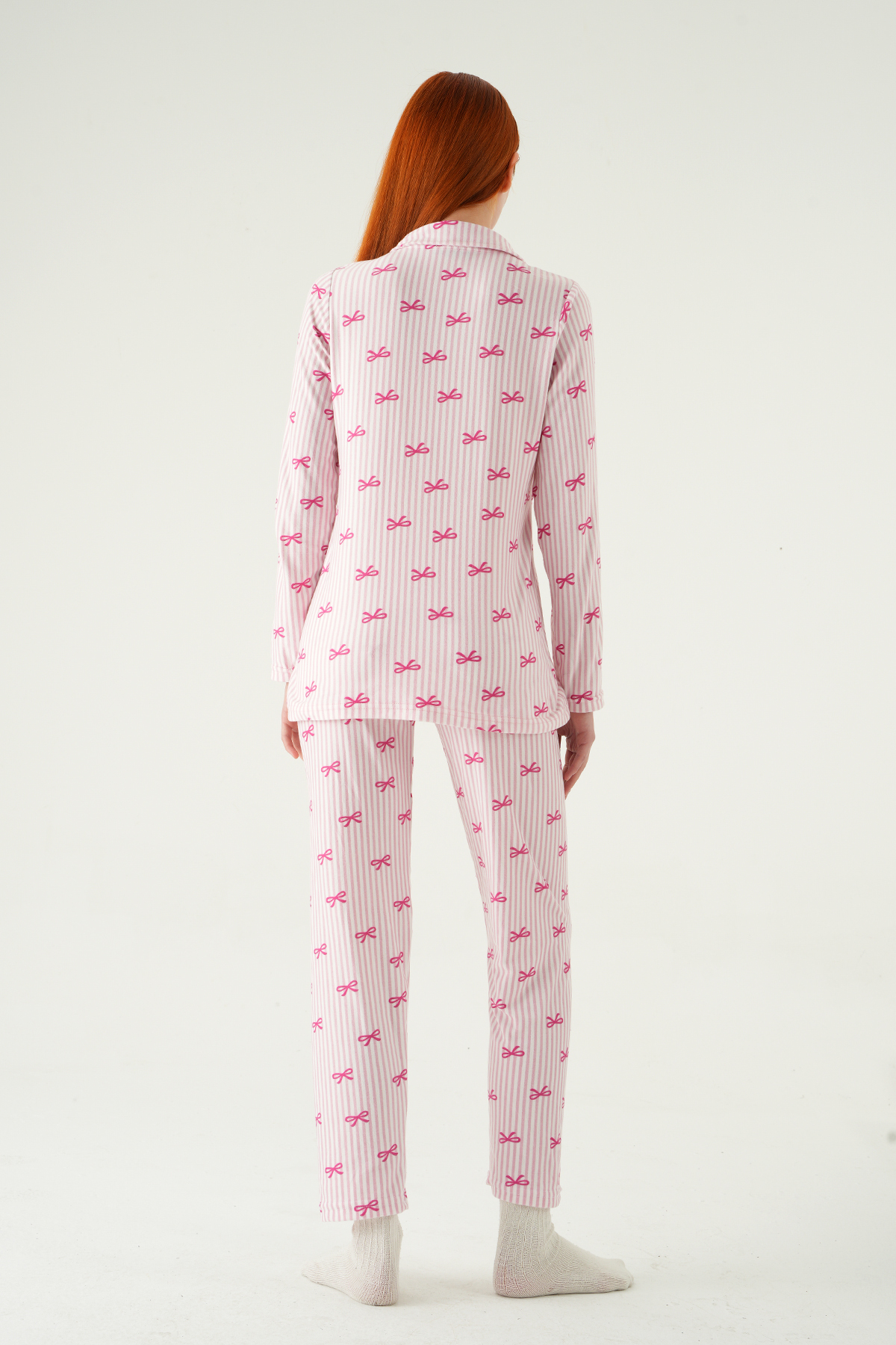 3412 Fiyonk Desen Düğmeli Pijama Takımı Pembe - 5