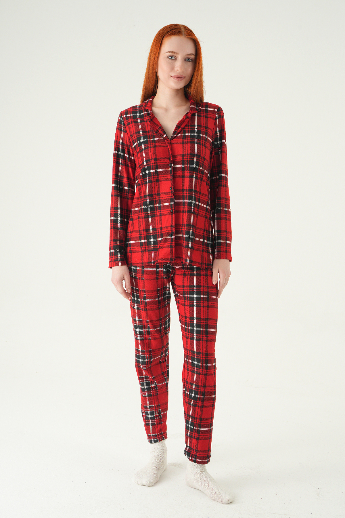3414 Kare Desen Düğmeli Pijama Takımı Kırmızı - 1