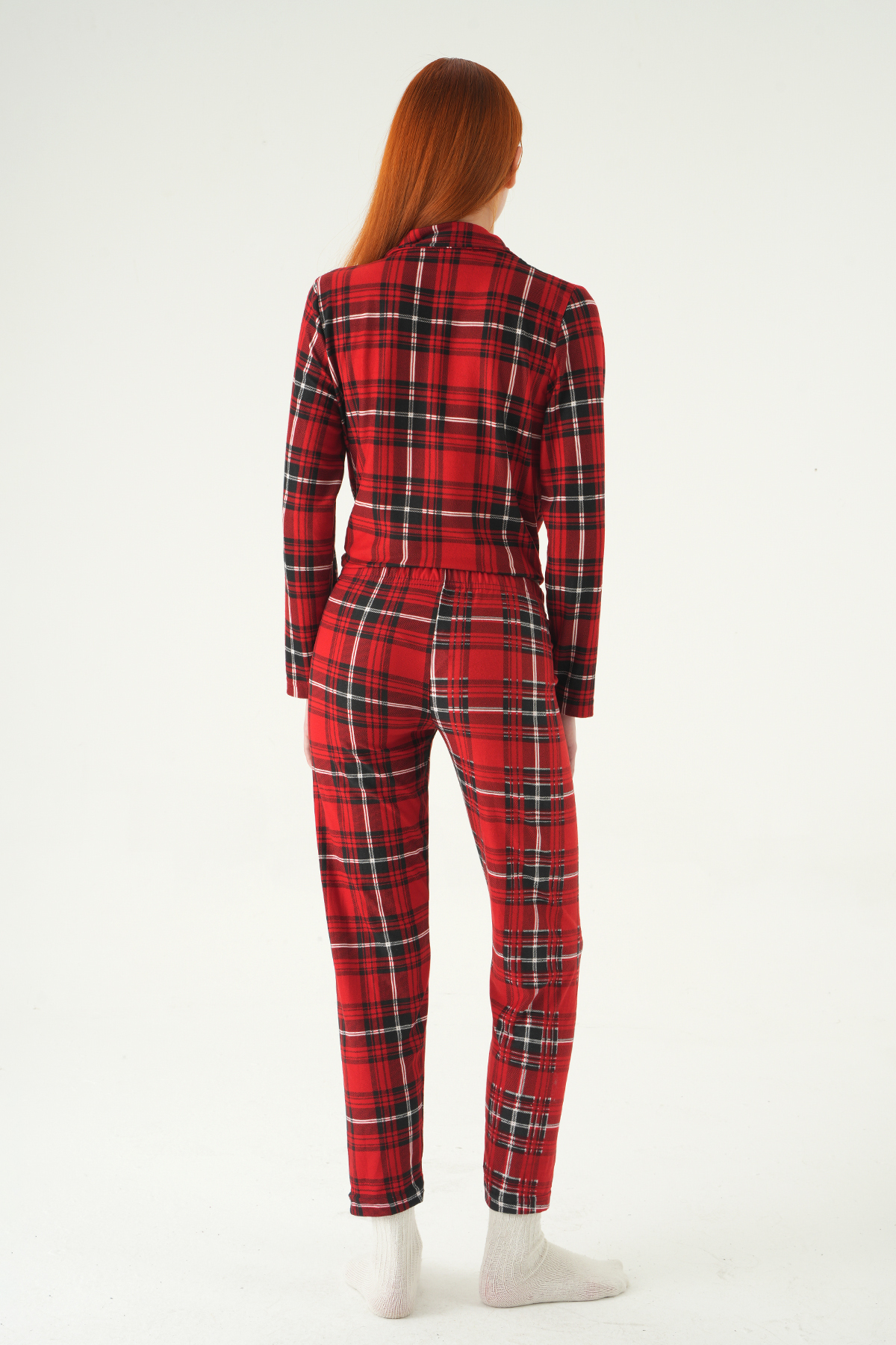 Kırmızı Kare Desen Düğmeli Pijama Takımı 3414 - 5