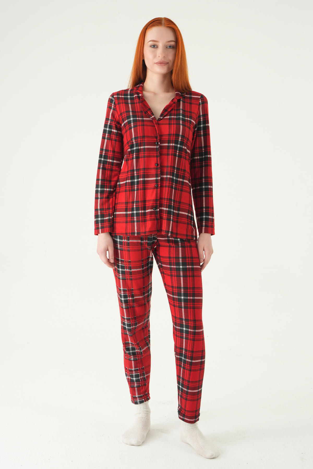 Kare Desen Düğmeli Pijama Takımı 3414 Kırmızı - 2