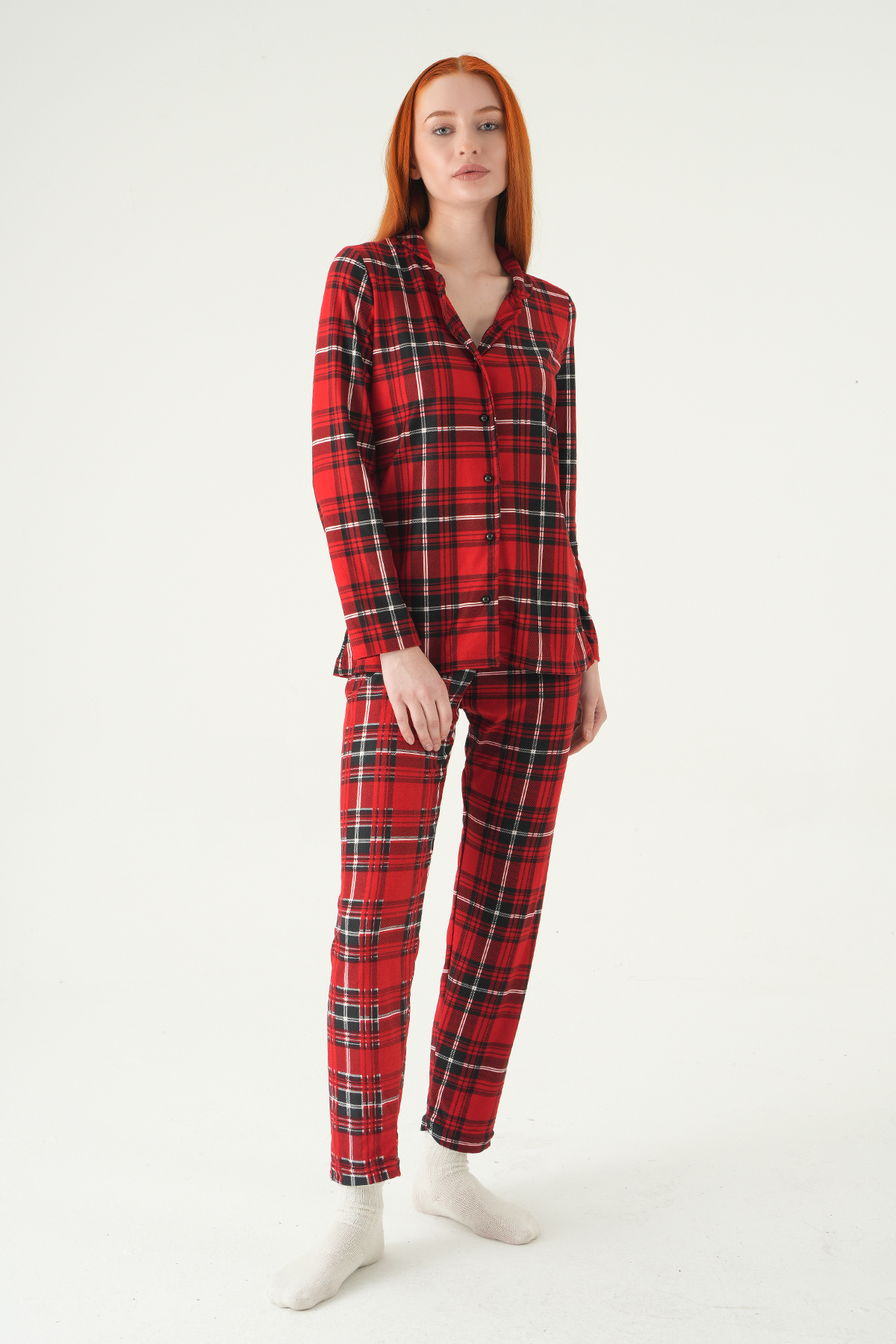 Kare Desen Düğmeli Pijama Takımı 3414 Kırmızı - 3