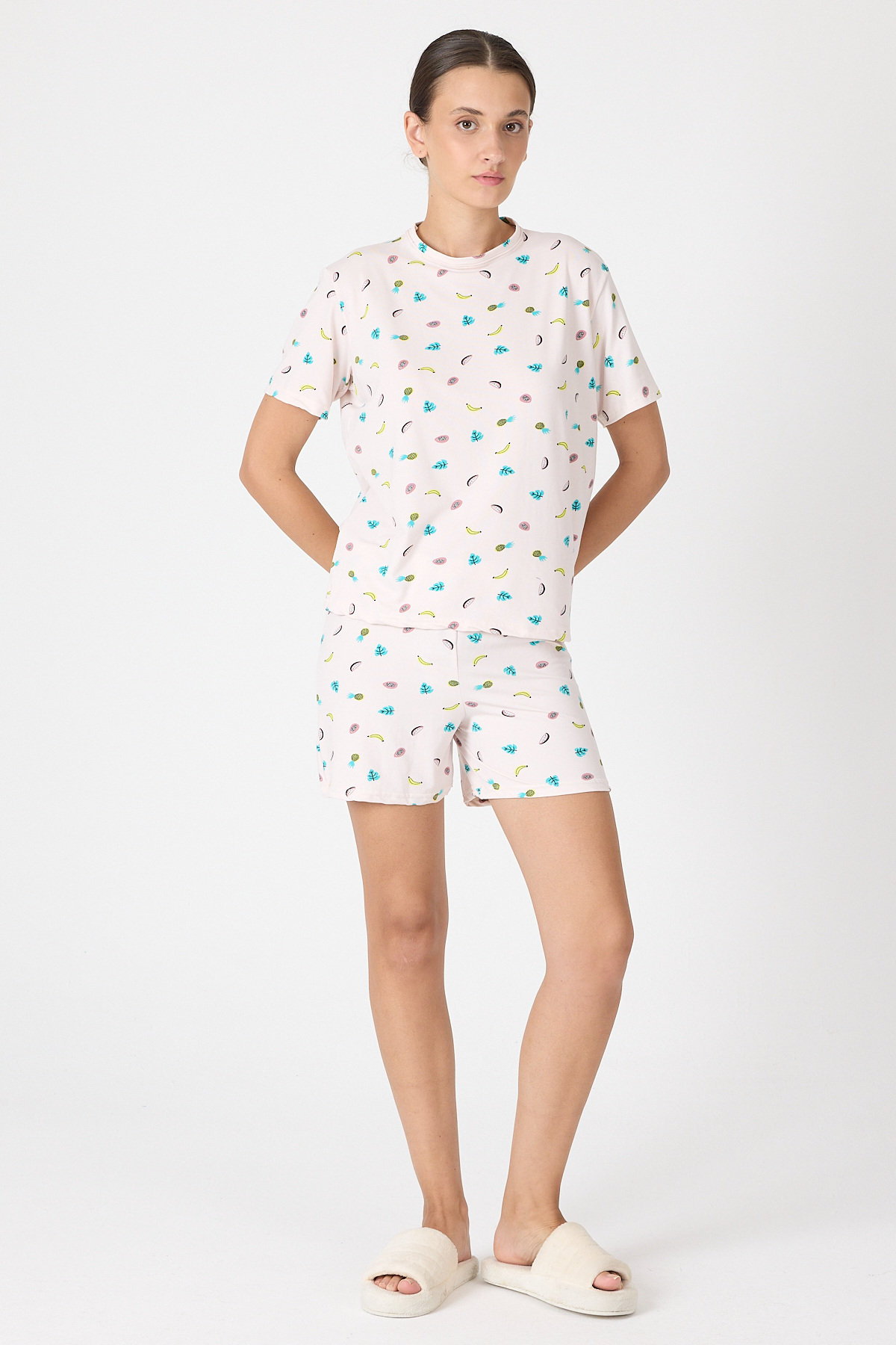 Toz Pembe Meyve Desenli Kısa Kollu Pijama Takımı 3419 - 1