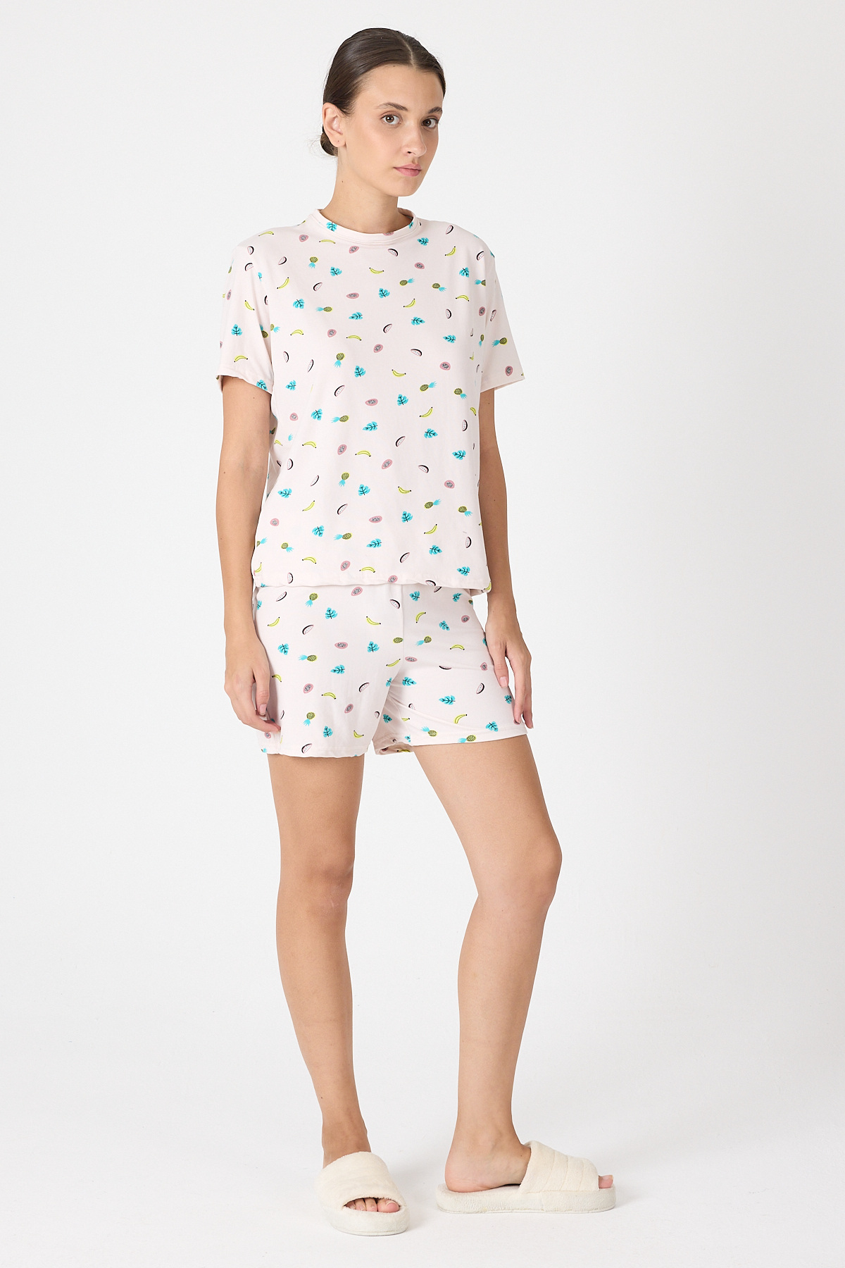 Toz Pembe Meyve Desenli Kısa Kollu Pijama Takımı 3419 - 3