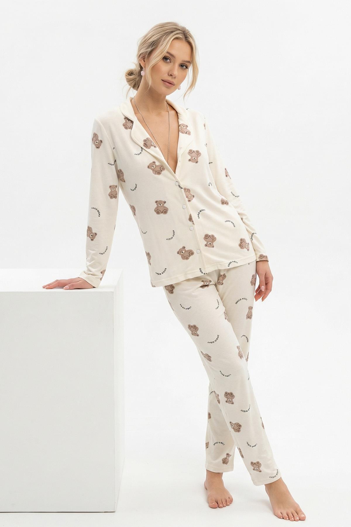3421 Ayıcık Desen Düğmeli Pijama Takımı Krem - RAYS