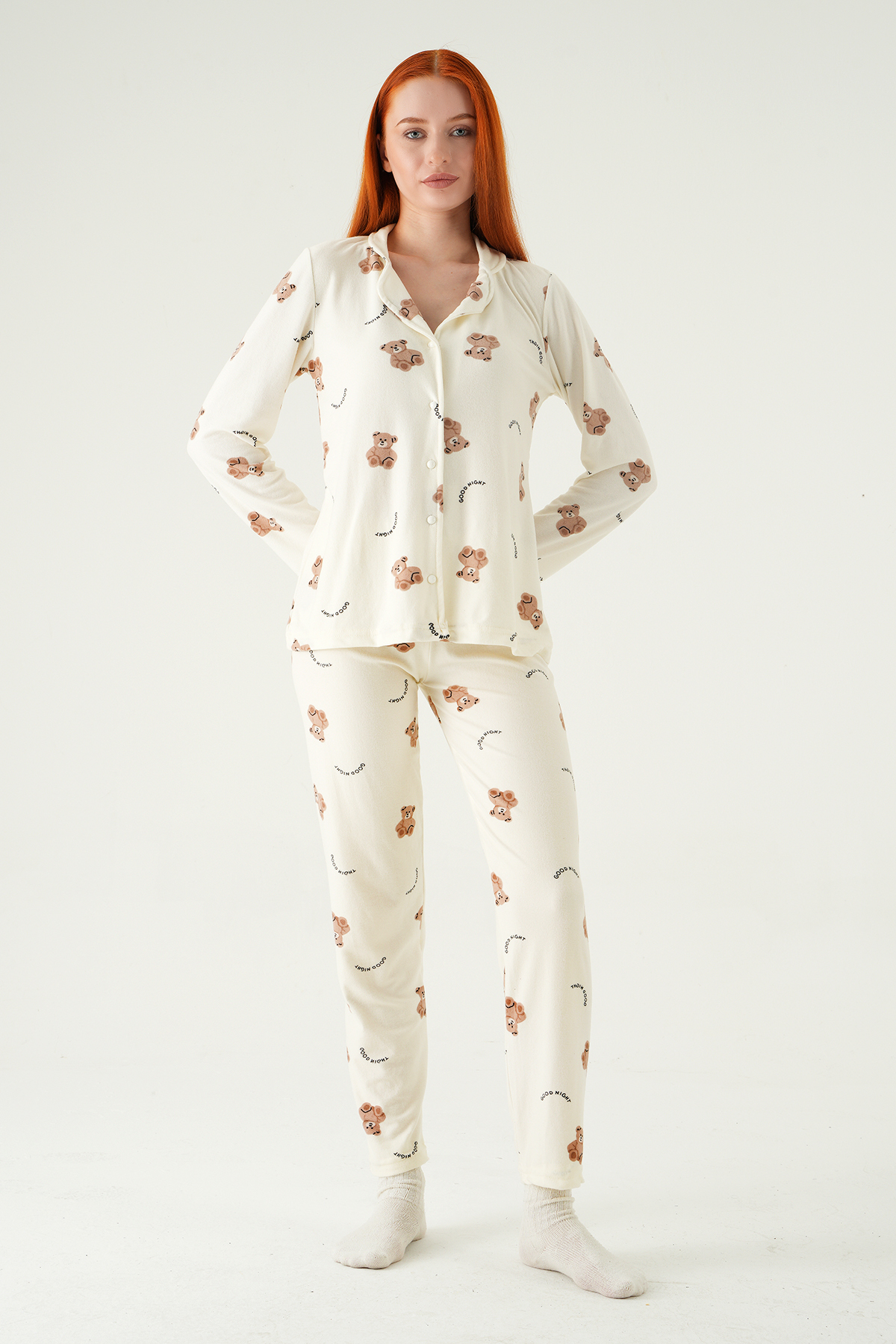 3421 Ayıcık Desen Düğmeli Pijama Takımı Krem - 2