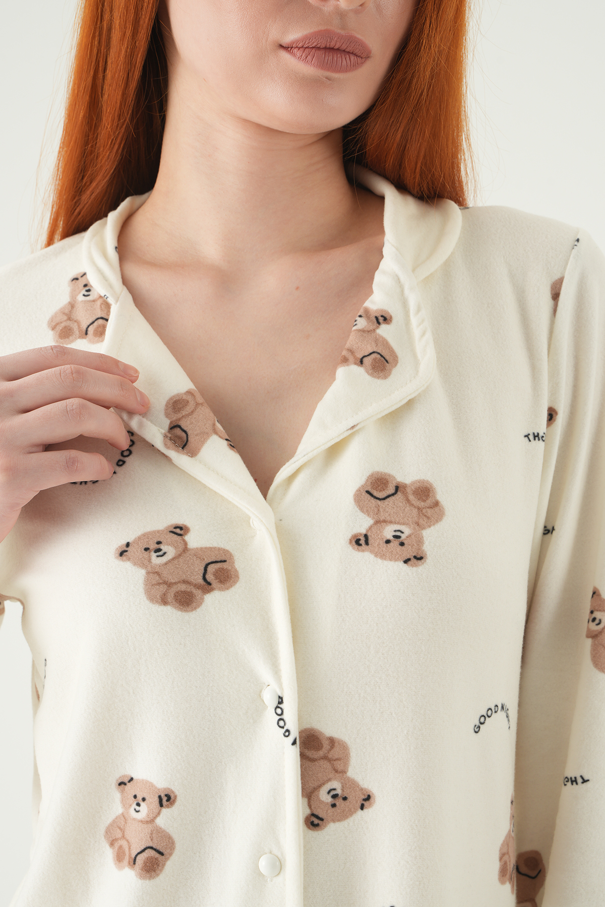 3421 Ayıcık Desen Düğmeli Pijama Takımı Krem - 4