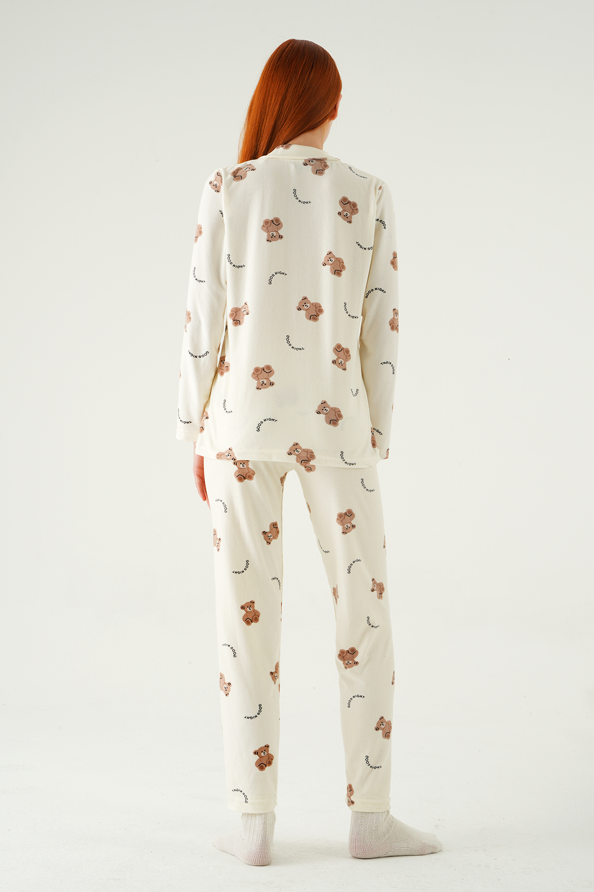 3421 Ayıcık Desen Düğmeli Pijama Takımı Krem - 5